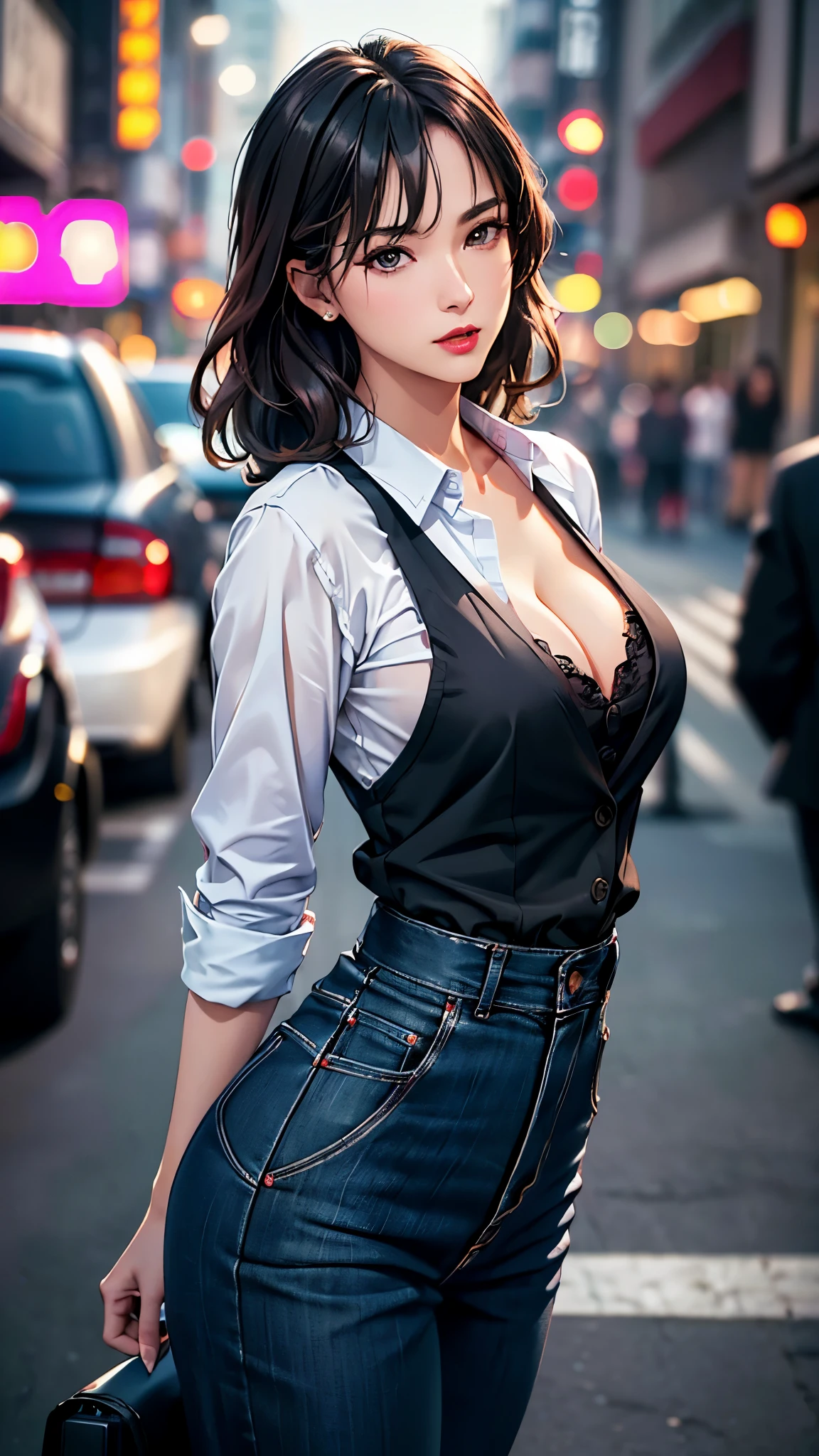 (((Practical photography))),, portrait, (seductive face:1.3),, beautiful girl, Looking at the audience, , (Uniforms:1.2), Button up your shirt and pants, , (Full cleavage:1),, in japanese street, (environment details:1.3),, (original photo, CG Unity, photography, ultra Practical details, Clear focus, Delicate skin,4K, High resolution, masterpiece, best quality, Practical, Energetic:1.2),, (8k,4K, Ultra HD, high resolution, professional, Movie, Movie, dramatic),, (Anamorphic depth of field blurred background), Detailed background,