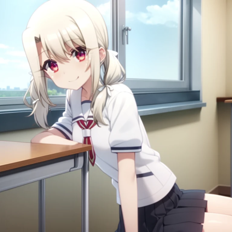 Illyasviel von Einzbern,1girls,solo,smile,Twin tails,uniform,skirt,White ribbon,School.classroom,machine,Sitting in a chair,Window seat,anime