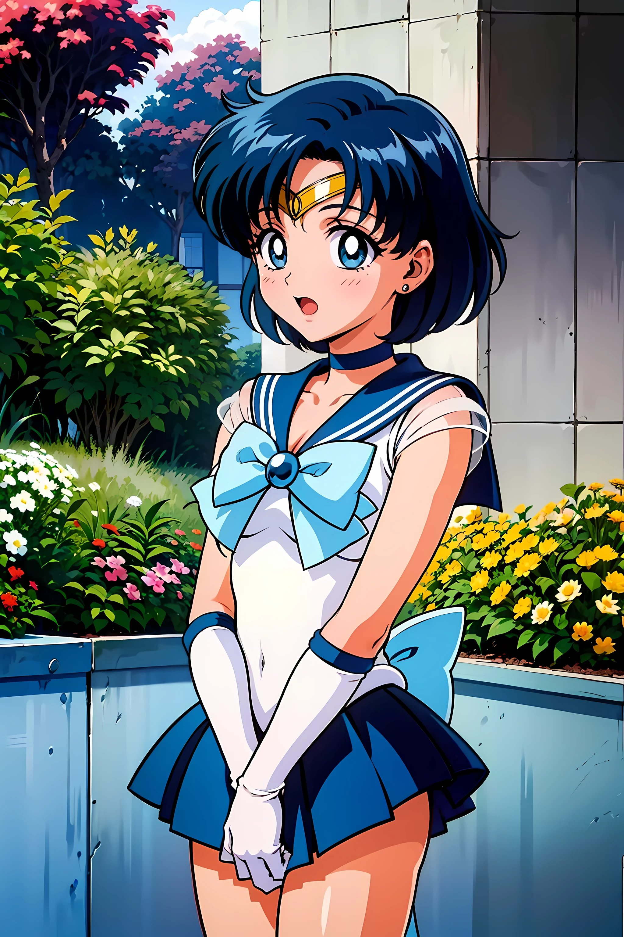(highest quality:1.3),(ultra-Familiar:1.5),High resolution,extremely Familiar CG,unity 8k wallpaper,Official Art,Familiar,super Familiar skin,Perfect Anatomy,beautiful Familiar eyes,(Anime screenshots:1.11),Very delicate and beautiful,(90s Anime,90s Anime style,cell shaded anime:1.17),1 girl,alone,anmnr,
(mer1,1:1.52)), tiara, Sailor senshi Uniforms, Blue sailor collar, bow, Knee Boots, choker, White gloves, blue choker, elbow gloves, jewelry, Earrings, Blue Skirt,
((garden :1.2)),At dusk, ((Recommended for scenes with strong dark shadows:1.2)), Golden Flower ,Beautiful magic style, intense, Concept Art, Digital Painting,
blush, Open your mouth,Wind lift, Sexy pose, Outdoor,