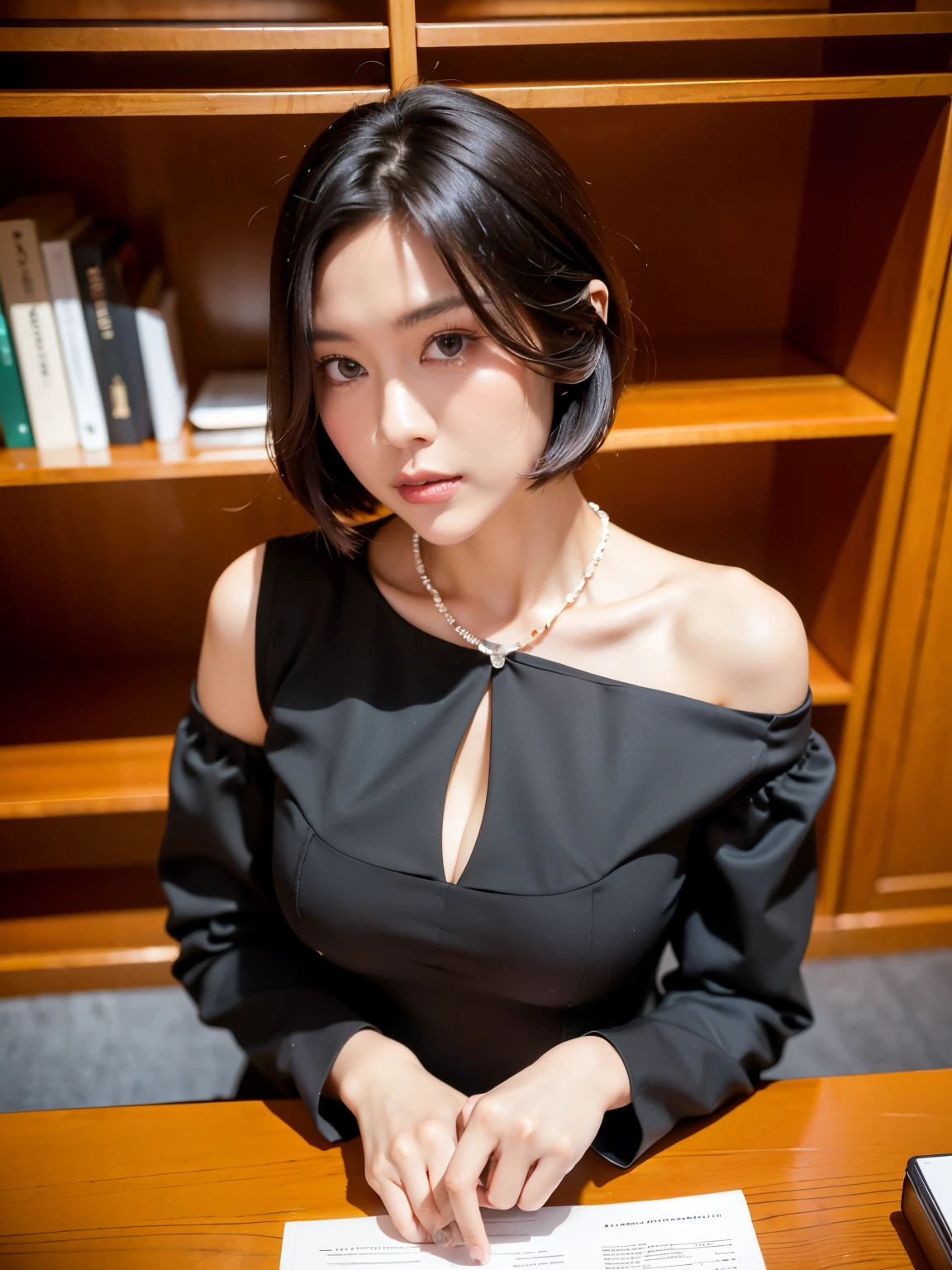 (highest quality, 8k, 32k, masterpiece, Ultra-high resolution:1.2),Beautiful Japanese Women Photos, （D cup breasts:1.4), Very short bob hair,Upper Body,Face Focus,（black formal blouse：1.4）、black ruffle blouse,（Pearl Necklace:1.4), （A large library bookshelf in the background:1.3), From above, View audience,