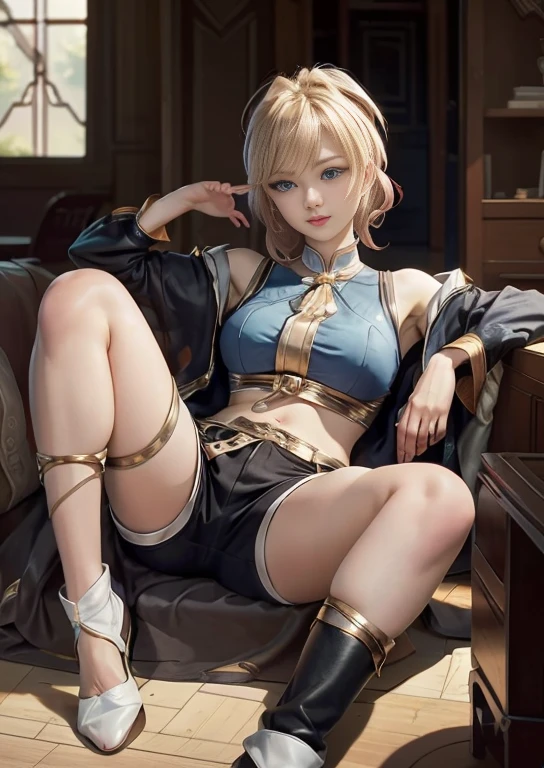 best quality, realism, real, photo: 1.4), Ji Xiaoman, Blond, blue eyes, hand on belly, big breasts, large breasts, thick legs, thights, sitting, knees up, open legs, real, photo"