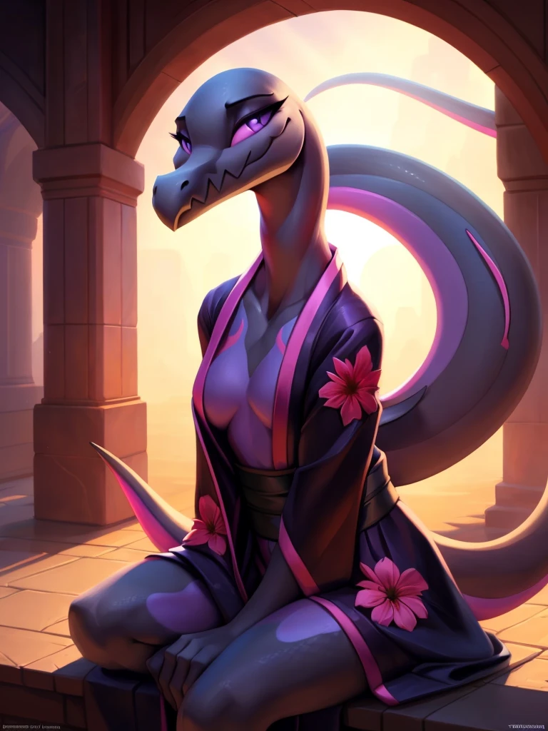 uploaded on e621, ((Salazzle)) by Pixelsketcher, by Bayard Wu, by Thomas Benjamin Kennington , by Einshelm, solo anthro, (( portrait)), BREAK, ((kimono:1.2)), , ((wearing long flowing kimono, black kimono, kimono with flower pattern, fully clothed)), (detailed Bonifasko lighting), (detailed scales), (detailed skin), (female Salazzle), BREAK, ((long flowing tail)), ((facing viewer)), (cinematic lighting), ((detailed background)), ((full body portrait view)), (((full body view))), (half body shadow), [backlighting], [crepuscular ray], [detailed ambient light], [gray natural lighting], [ambient light on the belly], (higher wildlife feral detail), [explict content], [sharp focus], (questionable content), (shaded), ((masterpiece)), furry Salazzle, reptilian face, furry Fantasy Art, furry Art, Commission for High Res, anthro Art, POV furry Art,Sakimichan beautiful, masterpiece, natural breasts, medium breasts, best quality, detailed image, bright colors, detailed face, perfect lighting, perfect shadows, perfect eyes, girl focus, purple eyes, flawless face, face focus, reptilian girl, scales, scales woman, dragon nose, large long muzzle, colorful scales, gaze at the viewer, half-closed eyes, 1girl, solo, full body, (masterpiece:1.21), (best quality:1.2), (illustration:1.2), (cinematic lighting:1.3), detailed scales, balanced coloring, global illumination, ray tracing, good lighting, scales, anthro, looking at viewer, smiling,  sitting down