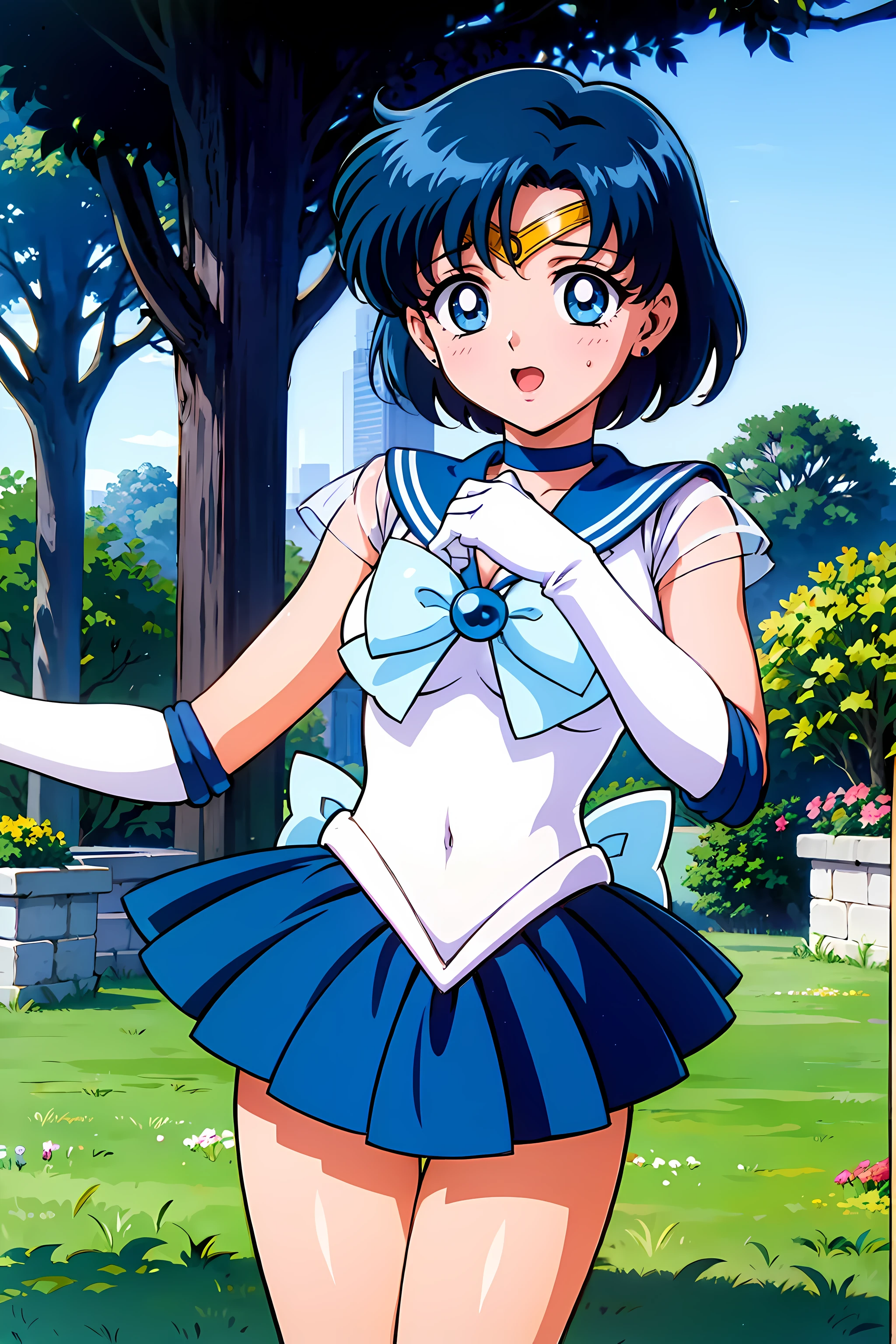 (highest quality:1.3),(ultra-Familiar:1.5),High resolution,extremely Familiar CG,unity 8k wallpaper,Official Art,Familiar,super Familiar skin,Perfect Anatomy,beautiful Familiar eyes,(Anime screenshots:1.11),Very delicate and beautiful,(90s Anime,90s Anime style,cell shaded anime:1.17),1 girl,alone,anmnr,
(mer1,1:1.52)), tiara, Sailor senshi Uniforms, Blue sailor collar, bow, Knee Boots, choker, White gloves, blue choker, elbow gloves, jewelry, Earrings, Blue Skirt,
((garden :1.2)),At dusk, ((Recommended for scenes with strong dark shadows:1.2)), Golden Flower ,Beautiful magic style, intense, Concept Art, Digital Painting,
blush, Open your mouth,Wind lift, Sexy pose, Outdoor,
