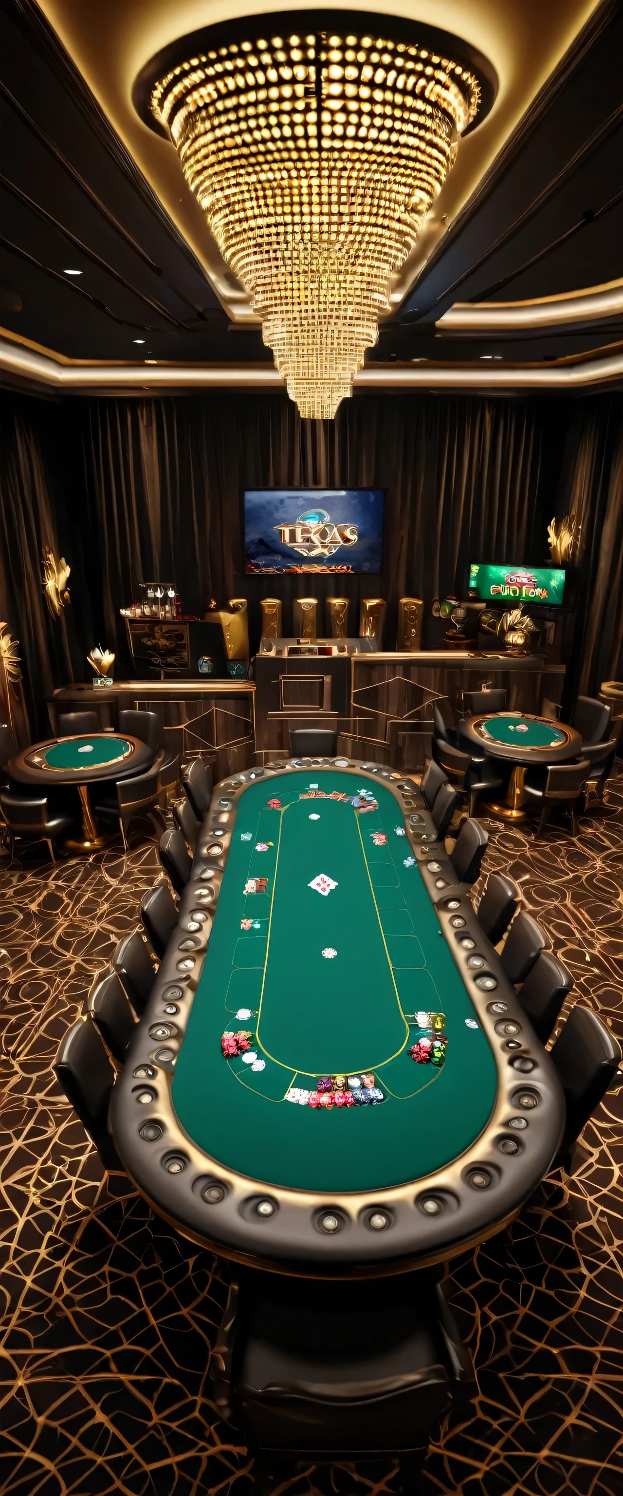 Top view, symmetrical scene, luxurious Texas Hold'em poker hall, with a vertical Texas Hold'em poker table in the middle, medals, bonuses and trophies above, 3d, perfect quality, 8k