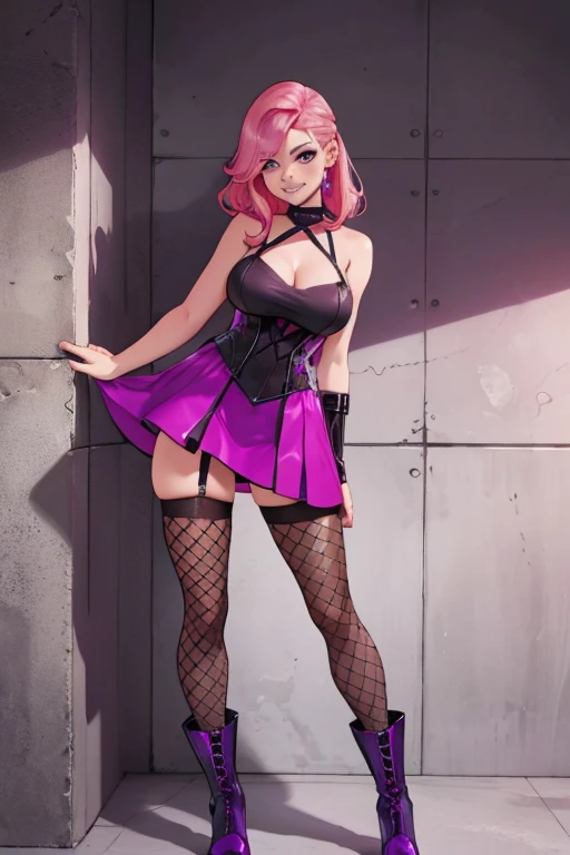 A pink haired woman with violet eyes and an hourglass figure in a purple leather dress with fishnet tights with cool boots is leaning forward with sexy grin in front of a wall