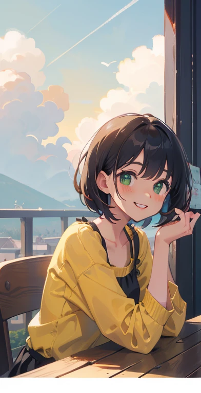 (masterpiece), (highest quality), Ultra-high resolution, Sharp focus, ((1 female, alone)), Upper Body, Photo profile shots, Beautiful detailed hair, Chestnut Hair, Fluffy short bob hair, yellow blouse shirt, Black mini skirt, Beautifully detailed face, ((Beautifully shaped eyes, Green Eyes)), Perfect feminine face, Comfortable face, View Viewer, smile, Open your lips, City in the morning clouds, meteor, Comfortable clothing for cloudy days