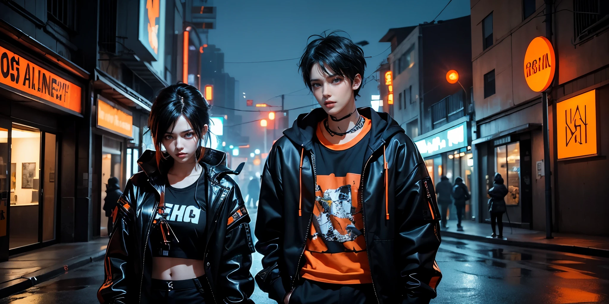 a teenage couple model, boy and girl. Cool orange and black hair. The background is a quiet, glowing cyberpunk street. He is wearing EDGY FASHION STYLE gamers clothes in orange and black.