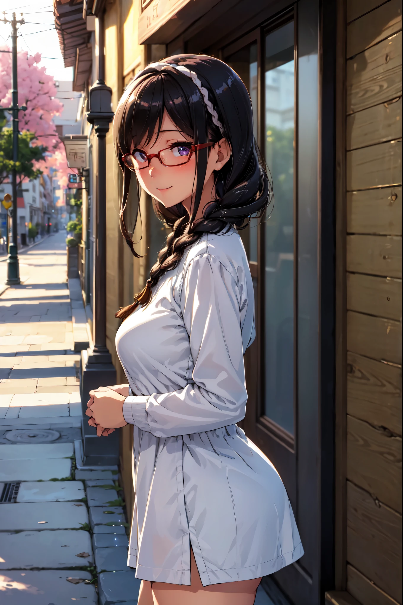 (high quality, High resolution, Finer details), Sidewalk, Side view, alone, girl, Braiding, , Sparkling eyes, (large round frame glasses), (Beautiful Eyes), Small breasts, ((A kind smile)), blush, Oily skin, (Focus plane), Shallow depth of field