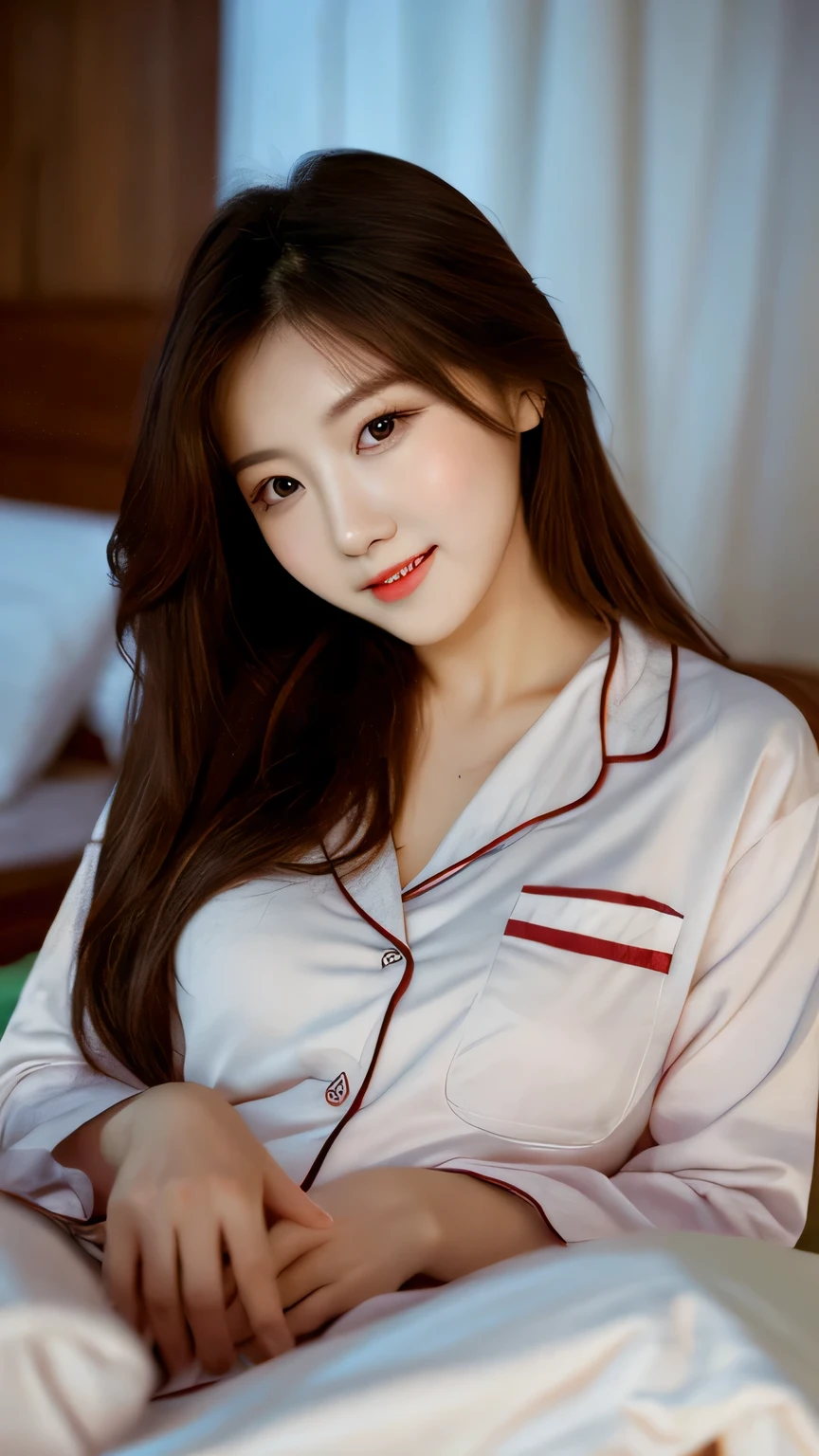 Tabletop, highest quality, figure, Very detailed, In detail, High resolution, 8k wallpaper, Perfect dynamic composition, Beautiful fine details, pajamas、night、Going to bed、Dimly lit room、Bed Lamp、Sleeping together、bed、Long Hair,Center of chest, Natural color lip, Bold sexy pose,smile,20-year-old girl、cute、sexy shot looking at camera