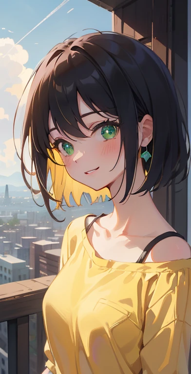 (masterpiece), (highest quality), Ultra-high resolution, Sharp focus, ((1 female, alone)), Upper Body, Photo profile shots, Beautiful detailed hair, Chestnut Hair, Fluffy short bob hair, yellow blouse shirt, Black mini skirt, Beautifully detailed face, ((Beautifully shaped eyes, Green Eyes)), Perfect feminine face, Comfortable face, View Viewer, smile, Open your lips, City in the morning clouds, meteor, Comfortable clothing for cloudy days