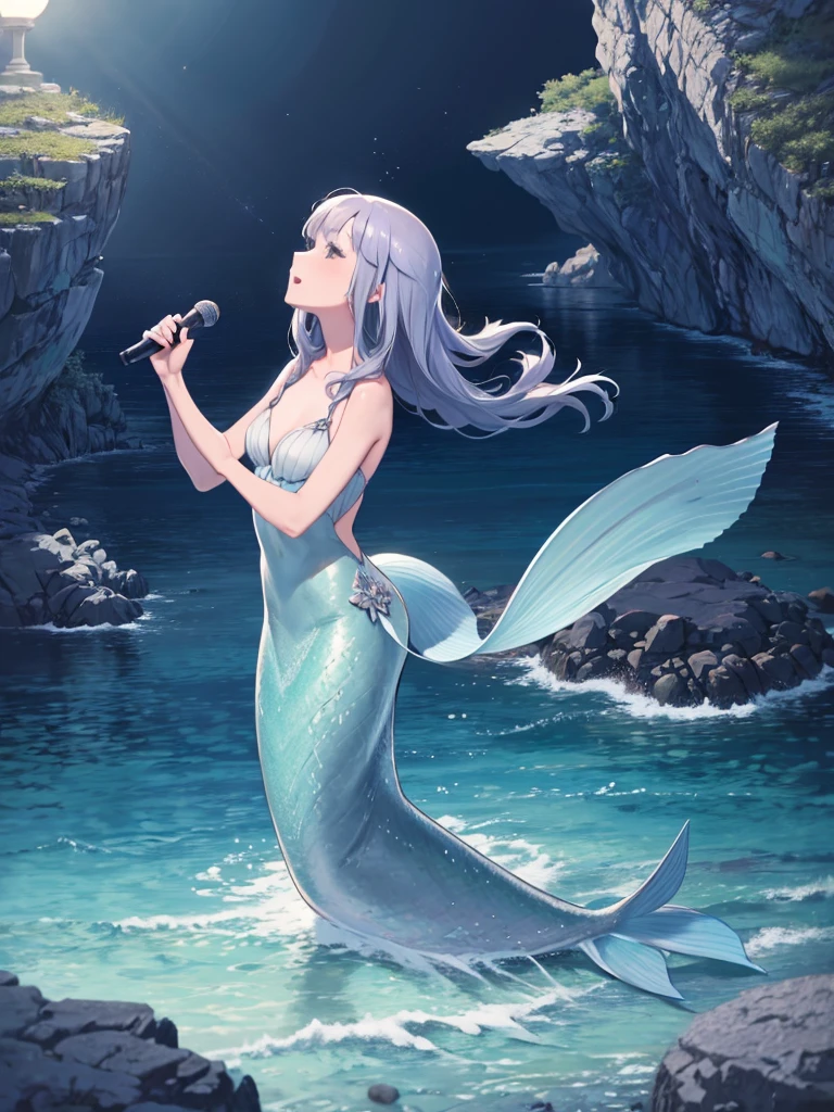 masterpiece、highest quality、High resolution、Very detailed、Medium wide shot、Mature Woman、mermaid、Mermaid、Rocks on the sea、Rocky reefs、night、moonlight、singing、a cappella、bare hands、Chest hidden by hair、