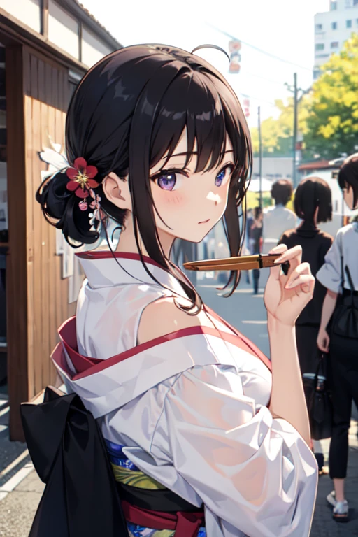 traditional Japanese shakuhachi flute,(Japanese high school girl licks a shakuhachi with her tongue),tween,cute,detailed face,fullbody,at street,tokyo,depth of field,portrait,(best quality, masterpiece, ultra highres, ultra-detailed)