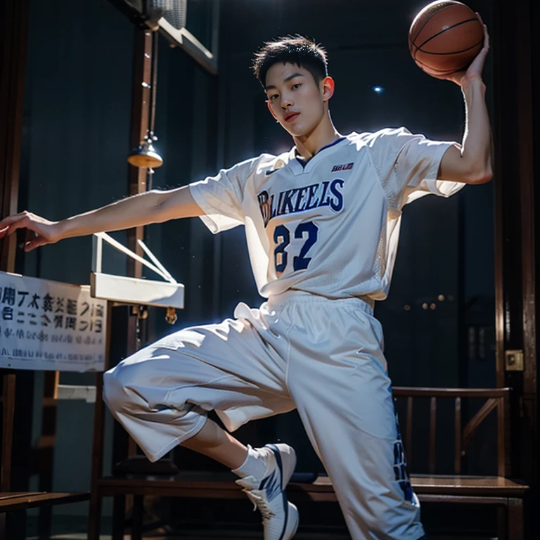Basketball player in the moonlight，Blue and white basketball shirt，He is a Chinese male athlete around the age of 20，Moonlight is clear，The characters are clear，Mid-air one-handed shooting action，Feet in the air