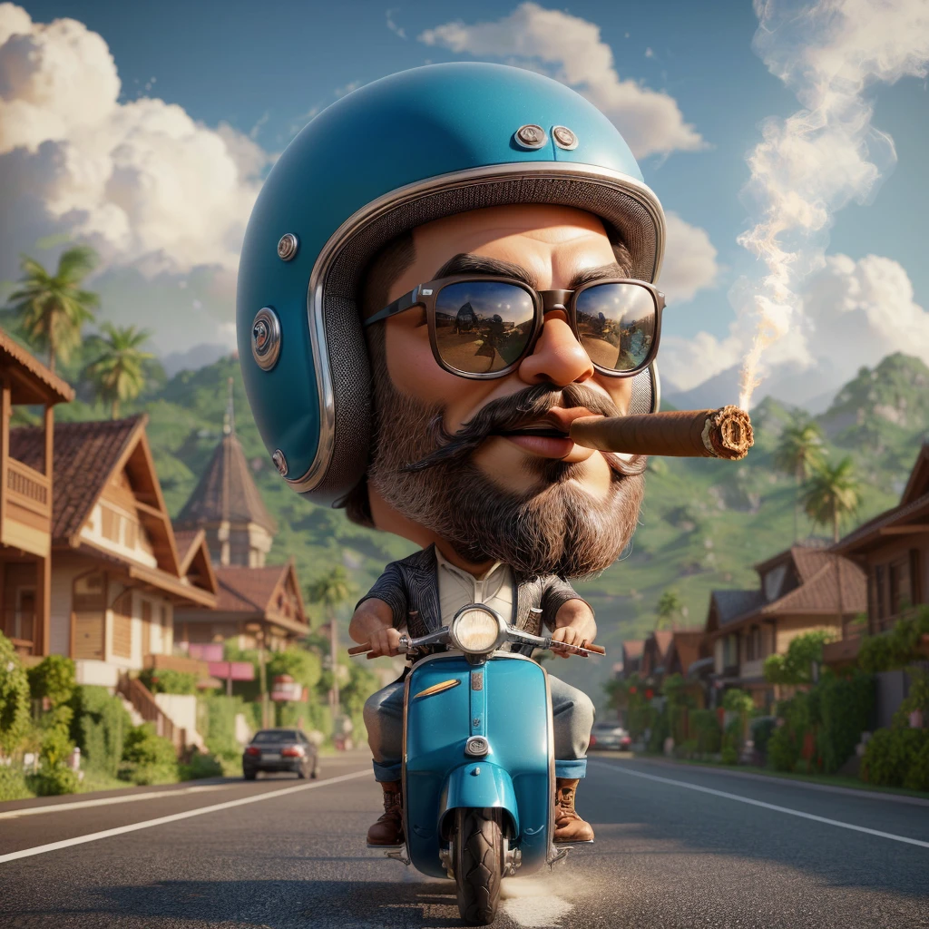 cartoon man with a beard riding a motorcycle with a cigar in his mouth, 3 d epic illustrations, inspired by Rudy Siswanto, by Rudy Siswanto, 3 d cartoon, cute 3 d render, ultra realistic 3d illustration, stunning digital illustration, inspired by Chris LaBrooy, rolands zilvinskis 3d render art