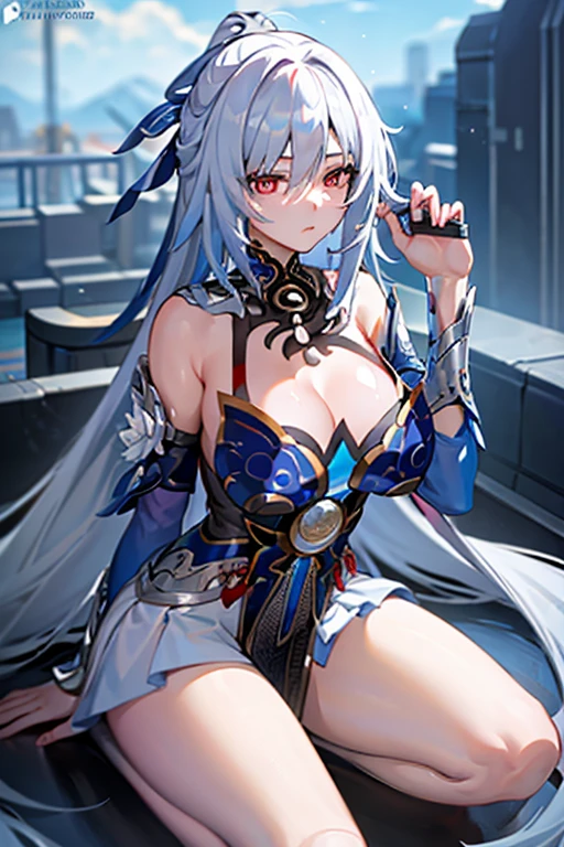 masterpiece, highest quality:1.2), One woman, alone, jingliu, jingliu\(honkaistarrail\), bluish-silver hair, Long Hair, Long Hair, Red Eyes ,Shiny skin, Very very huge breasts、Thick legs、Long legs、Bare legs、Squat