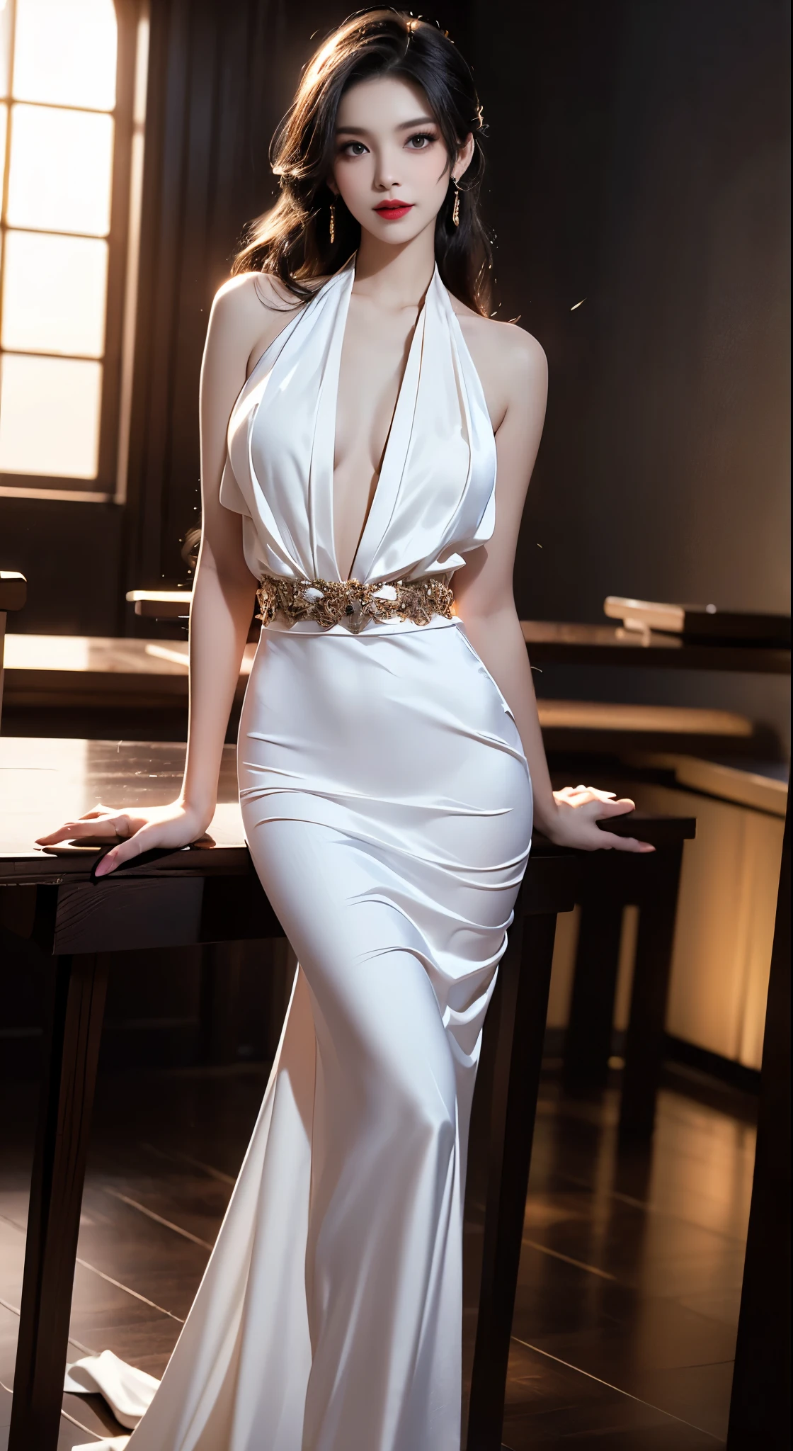 Portraiture、(masterpiece,Highest quality,Ultra-high resolution),Japanese women, (((Very beautiful 25 year old girl))),She is wearing a long-sleeved dress made of shiny satin.、The dress has a simple design without any patterns.、The skirt is mermaid style