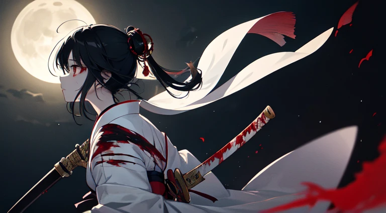 Black Hair Girl、Red eyes、Very delicate and beautiful eyes、Holding a sword with both hands、Girl with blood on her face, Dark fantasy, Horror、Very detailed, White kimono、Perfect hands, Perfect Anatomy,Rear View、profile、（Samurai Sword：1.5） ）、Draw your sword、Draw your swordテクニック、moonlight、night、Moonlight from above：1.5