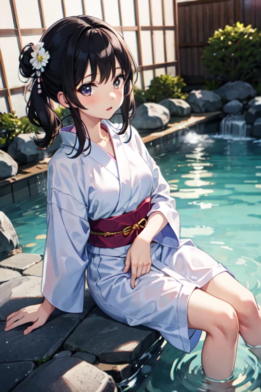 best quality,masterpiece,1girl,solo,(((13years old))),japanese girl,an extremely cute and beautiful girl,highly detailed beautiful face and eyes,petit,cute face,lovely face,baby face,shy smile,show teeth,black hair,medium short hair,small breasts,skinny,slender,(((wearing a white transparent floral loose mini Yukata))),(((standing in a bath house garden))),she is looking at the viewer,hands lift up dress,(upskirt above the waist:1.1),(no panties:1.1),(legs spread wide:1.1),(no bra:1.1),(((NFSW))