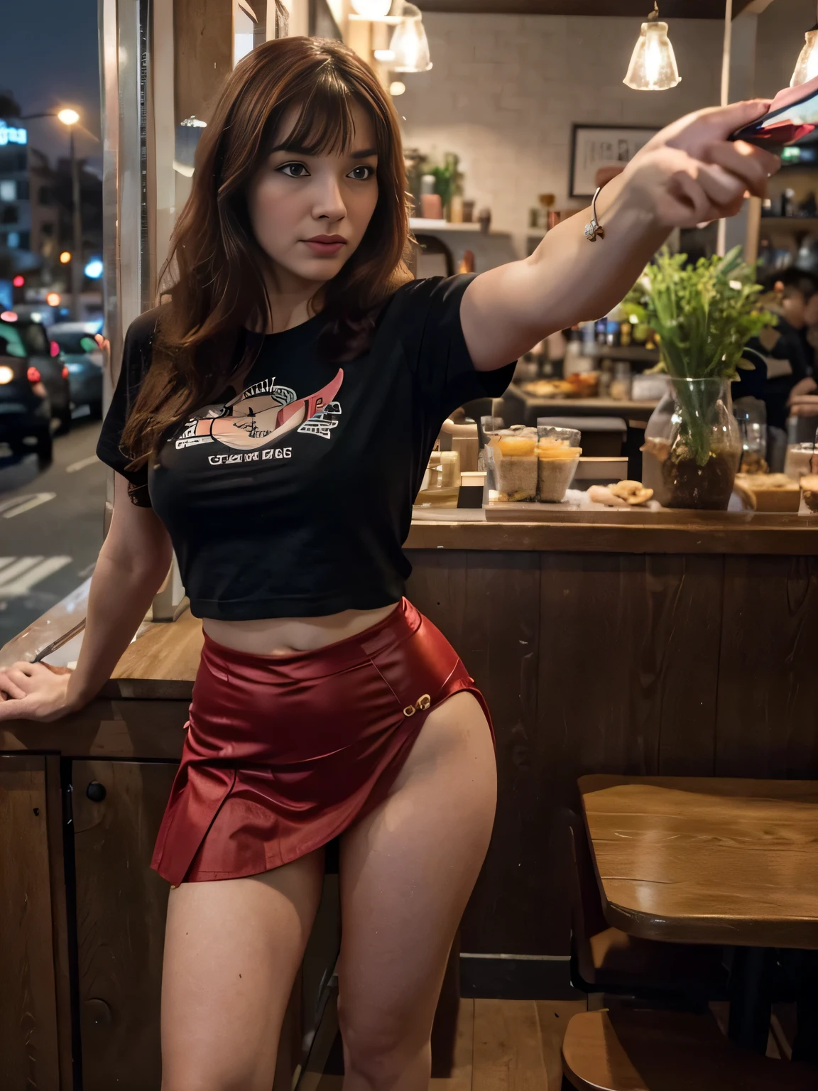 analog photo, selfie, ultra detailed, film grain with, photorealistic, Bettie Page, 25 year redhead, wavy hair, thin nose, bright blue eyes, oval face, cinematic lights, she is on a vibrant city street in Istanbul at night, ((full body image, panoramic)), red skirt, dressed in a black t-shirt, has a very natural face, long eyelashes. He takes a cute selfie in a cafe. Very beautiful, perfect and slim body.