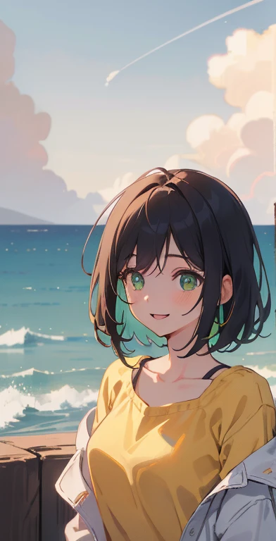 (masterpiece), (highest quality), Ultra-high resolution, Sharp focus, ((1 female, alone)), Upper Body, Photo profile shots, Beautiful detailed hair, Chestnut Hair, Fluffy short bob hair, yellow blouse shirt, Black mini skirt, Beautifully detailed face, ((Beautifully shaped eyes, Green Eyes)), Perfect feminine face, Comfortable face, View Viewer, smile, Open your lips, sea in the morning clouds, meteor, Comfortable clothing for cloudy days