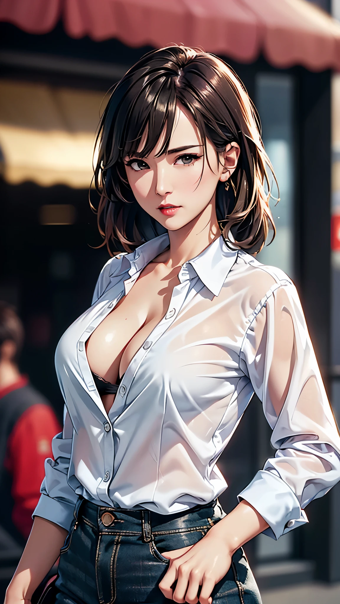 (((Practical photography))),, portrait, (naughty face:1.3),, beautiful girl, Looking at the audience, , (Uniforms:1.2), Button up your shirt and pants, , (Full cleavage:1),, in japanese street, (environment details:1.3),, (original photo, CG Unity, photography, ultra Practical details, Clear focus, Delicate skin,4K, High resolution, masterpiece, best quality, Practical, Energetic:1.2),, (8k,4K, Ultra HD, high resolution, professional, Movie, Movie, dramatic),, (Anamorphic depth of field blurred background), Detailed background,