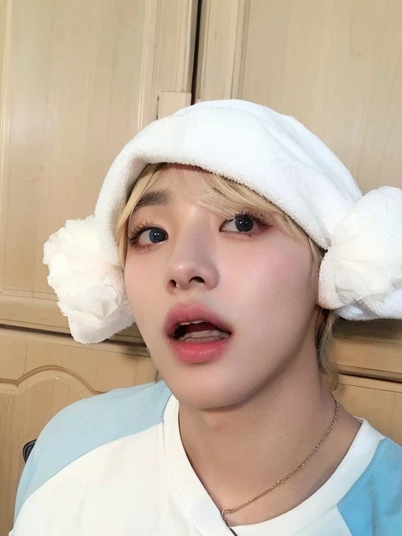 arafed boy wearing a white hat and a blue shirt, jimin\'s plump lips, accurate jimin face, wan adorable korean face, jimin, jimin\'s grecian nose, jimin\'s right eyelid swollen, taehyung eating gucci fries, park jimin, hyung tae, inspired by Kun Can, jungkook, taejune kim, xqc, bts, korean face, korean Idol, kpop Idol, bts, kim taehyung, v, kim, doll eyes, blonde hair, female gaze