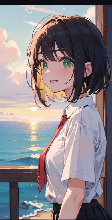 (masterpiece), (highest quality), Ultra-high resolution, Sharp focus, ((1 female, alone)), Upper Body, Photo profile shots, Beautiful detailed hair, Chestnut Hair, Fluffy short bob hair, yellow blouse shirt, Black mini skirt, Beautifully detailed face, ((Beautifully shaped eyes, Green Eyes)), Perfect feminine face, Comfortable face, View Viewer, smile, Open your lips, sea in the morning clouds, meteor, Comfortable clothing for cloudy days