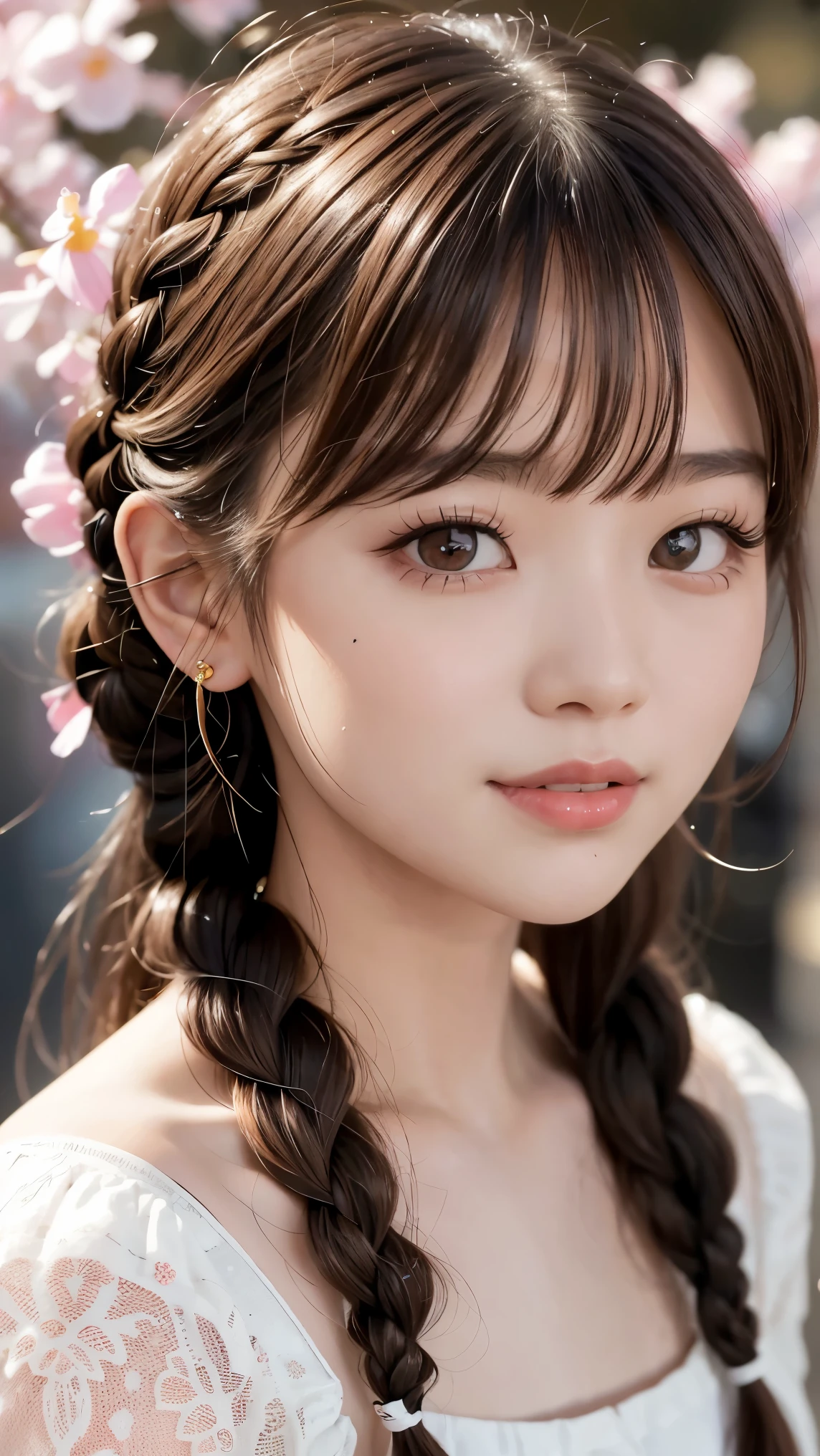 Realistic, masterpiece, highest quality, Highest resolution, One Japanese woman, Happy smile, Detailed and beautiful eyes, Iris, Sparkling eyes, Sharp Eyes, Thin eyebrows, Gives your eyelashes a delicate finish, False eyelashes, Natural Makeup, (Braided Hair, Blunt bangs, Brown Hair:1.2), Detailed face, She is looking slightly to the side, Always watching the audience, Grinning, cheeks pink, Spring clothes, Upper body photo, Portrait background