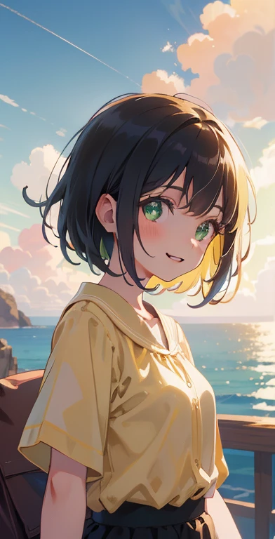 (masterpiece), (highest quality), Ultra-high resolution, Sharp focus, ((1 female, alone)), Upper Body, Photo profile shots, Beautiful detailed hair, Chestnut Hair, Fluffy short bob hair, yellow blouse shirt, Black mini skirt, Beautifully detailed face, ((Beautifully shaped eyes, Green Eyes)), Perfect feminine face, Comfortable face, View Viewer, smile, Open your lips, sea in the morning clouds, meteor, Comfortable clothing for cloudy days