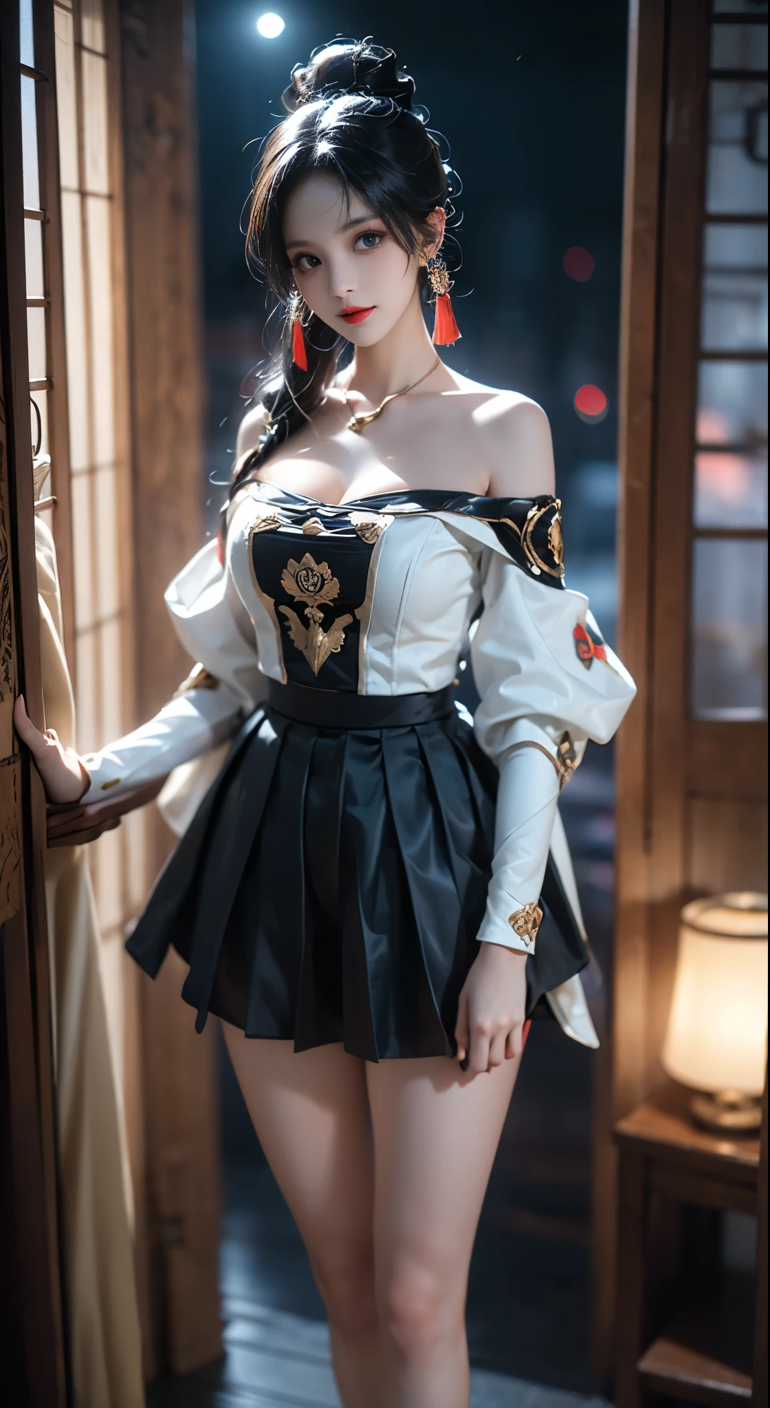 ayaka,genshin impact,kamisato ayaka, ((Bare shoulders)), ((Full breasts)), ((The skirt is short)), ((Sexy legs)), ((whole body)), Practical, Fashion girl, Red lips, Mature women, Exquisite makeup, big eyes, beautiful, (best quality, masterpiece:1.2), Ultra Detailed, (Practical:1.37), ((Random scenes, Random shooting angles)), ((Sexy long legs)), Young and energetic, Charming model, (Delicateeyes, Delicate lips), Show a bright smile, Create stunning girl images, warm color, Very high color saturation, Official Art, Extremely detailed CG, Unity 8K Wallpaper, (High Dynamic Range :1.4), (Movie atmosphere),(Soft colors), (Natural skin texture, ultra-Practical, Soft Light, sharp),(Very detailed), night, moonlight