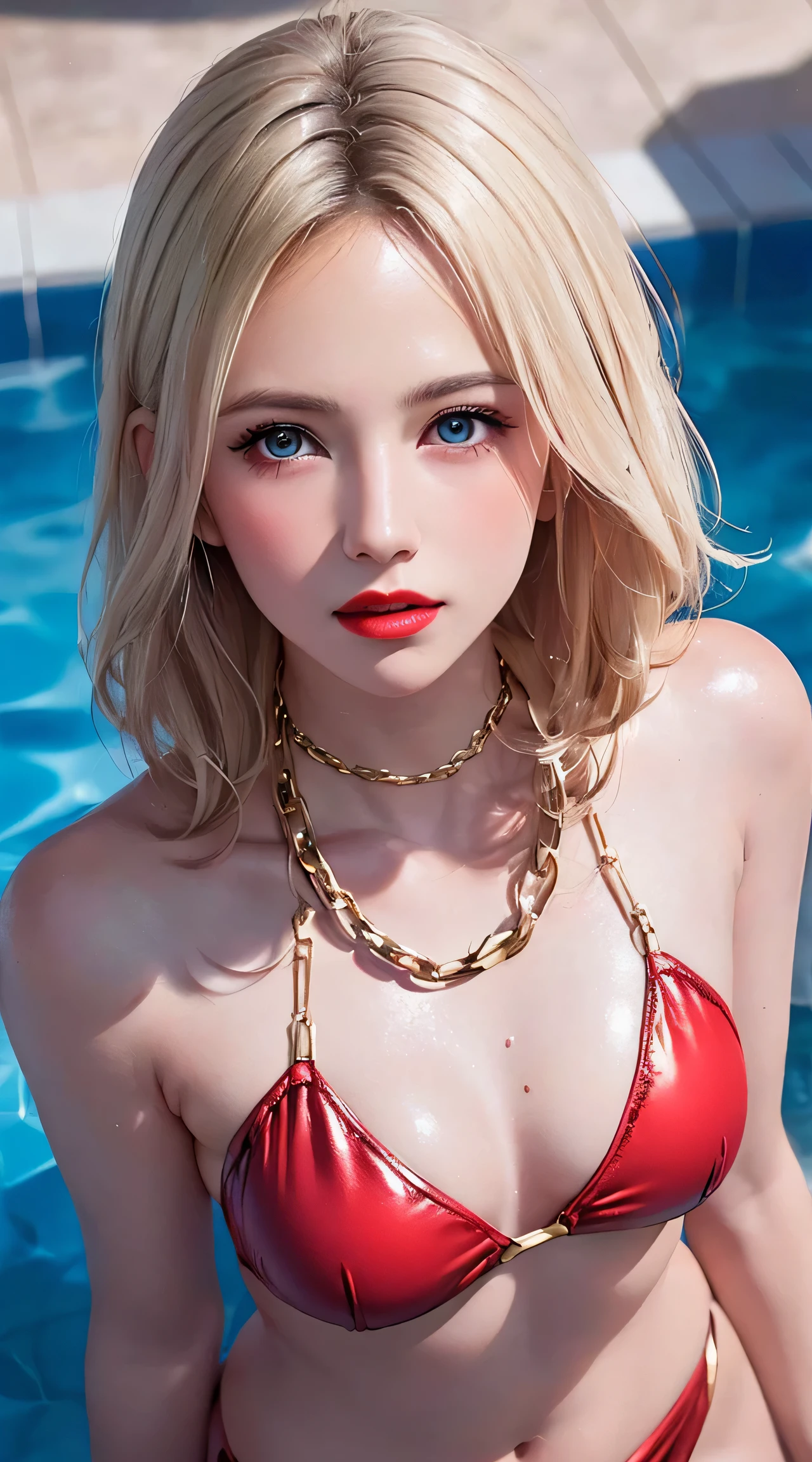 (8K, RAW Photos, of the highest quality, Masterpieces: 1.2), (Realistic, Photorealistic: 1.37),, beautiful (((Japanese cute idle))), ((best quality)), professional lighting, highres, 35 mm lens, f 1/1.4, 18 years old, blonde streaked braid hair, round face, short neck, supergirl, (looking at viewer), (detailed face:1.2), (full body:1.3), (red sparkly plunk lips:1.1), realistic painting, intricate, (realistic eye:0.9), (realistic painting:0.9), beautiful shine blue eyes, (flat chest:0.8), ((small breasts)), smile, embarrassed, strong morning direct light, clean nasal bridge, frozen, soft tits, (sparkly red bikini with loose front opening:1.1), (bound and crucified with mass of chains made of crystal:1.3), armpit, golden bracelets, (many small fine ice crystals:1.1), ribs are faintly visible, bathing, in pool, (shiny skin:1.2), (shiny silky white blonde:1.2), , dark purple eyeshadow, The mouth is visible, Red glowing lipstick, bilaterally symmetrical, open eyes, shoulder armor,
BREAK,
Highest Quality, Ultra High Resolution, light leaks, Dynamic lighting, Slim and smooth skin, (extreme close-up shot:1.3), bright expression, pink, kawaii, cute, young and shiny white shiny skin, Best Looks, Gold reflects light, Platinum blonde hair, Shine brightly, Shiny light hair, (medium hair:1.2), hair tied around her shoulders, silky straight hair, Beautiful bangs that shine, Big blue eyes sparkling, shiny red lips, Like crystal clear, mesmerising, Very nice and lovely 18 year old girl, Lush bust, underboob, Hair is through strong light, (extremely super Erotic:1.25), (Bare chest:1.2), (Small breasts:1.2), Under the breasts, narrow waist, narrow shoulders, gazing at viewer, shiny red bikini, (shiny red knee-high boots:1.4), well-formed, Big smile, very oily skin, hand is thumb and four fingers, outdoors, long eyelashes, round face, (licking shot from below:1.3)