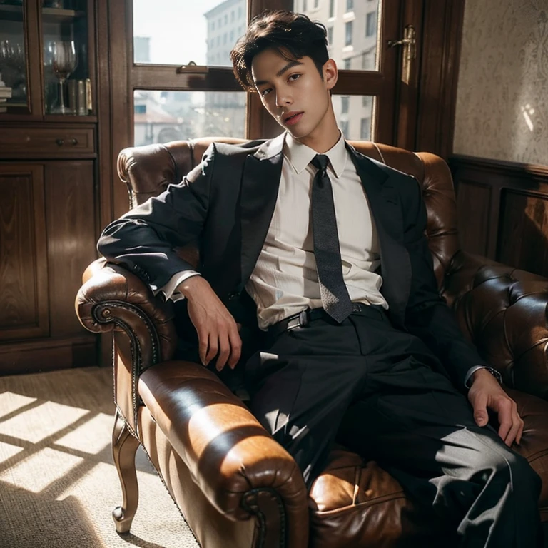 1boys，White color blouse，short detailed hair，long sleeves shirt，Gucci belts，black necktie，Wear formal attire，Lower suit pants，leather shoes，Buckle the left hand and clasp the right wrist，A relaxed and languid state，Overbearing president，best qualtiy，（Realiy，Foto realism：1.4），tmasterpiece， Extremely Delicately Beautiful，extremely higly detailed，2k wallpaper，astounding，finedetail，extremely detaild的 CG unified 8k wallpapers，Super meticulous，A high resolution，the soft light，Handsome boy，extremely detailed eyes ancface，Beautiful detailed nose，Handsome and delicate eyes ,In a dimly lit room，The room was simply decorated，Recline on the sofa，Long legs are stretched out at will