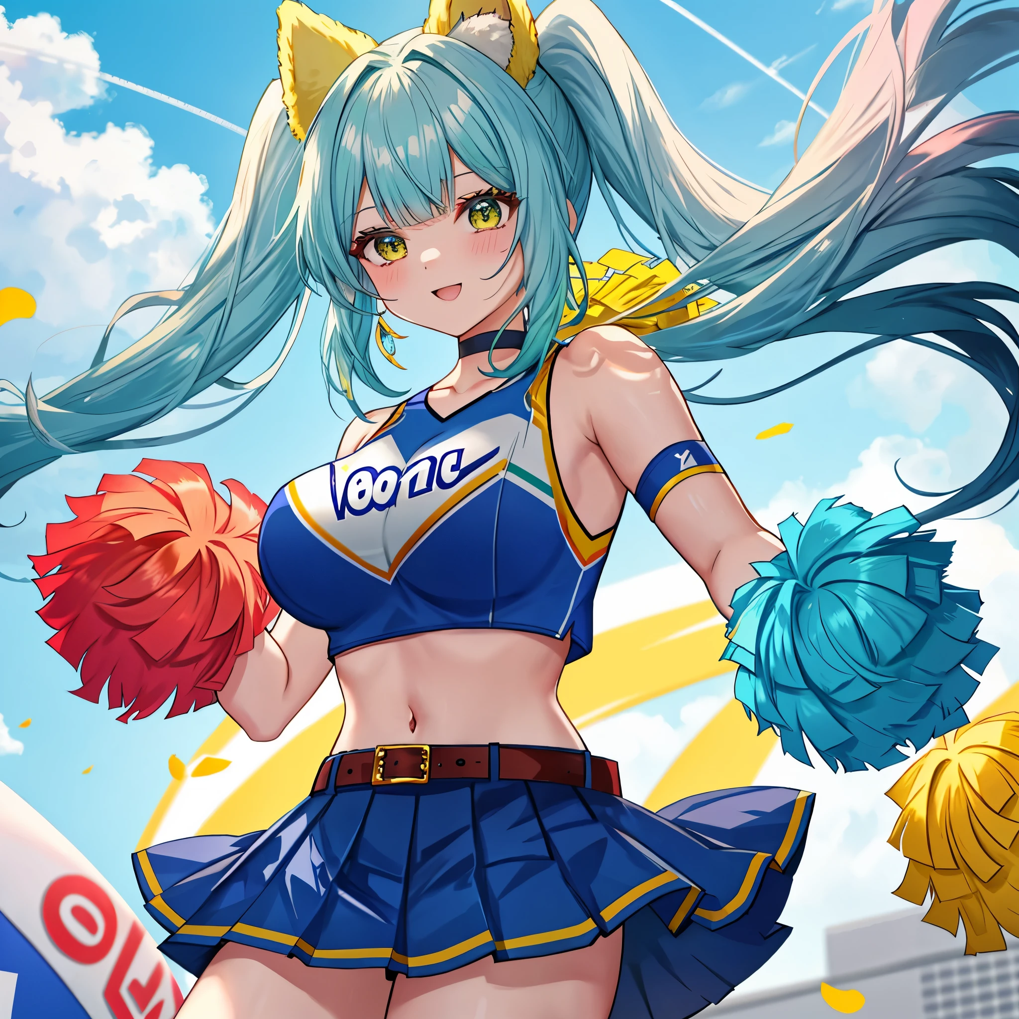 - **Number of Characters**: *One (1)*
- **World Concept**: *A blend of anime and manga, where the lines between fantasy and reality are blurred.*
- **Physique**: *Athletic and supple, reflecting the character's vibrant personality and role.*armpits, bare shoulders, breasts, caustics, collarbones, big breasts, moles, skin depressions, stomach, thighs, moist
- **Kemonomimi and Tail**: *Features of a 'Snaneko', with ears and a tail that wraps around like a belt.*
- **Outfit**: *A cheerleader's uniform that's bright and energetic, with vivid team colors like red and blue, a short top, and a pleated skirt, often adorned with logos or team names.*
- **Hairstyle**: *A combination of long hair, ponytails, twin tails, and bob cuts, creating a unique style.*
- **Hair Color**: *Primarily gold, blue, and green, symbolizing various traits and attributes.*
- **Wings**: *If present, wings that convey freedom and strength, with designs and colors that hint at the character's backstory and abilities.*
- **Props**: *Cheerleading accessories such as pom-poms and megaphones to support the theme.*
- **Emotion**: *A cheerful and positive expression that brings the character to life and makes her relatable.*
- **Movement**: *Dynamic and active, capturing the essence of the character's energy.*
- **Perspective**: *Employing depth to enhance the spatial relationship in the scene.*
- **Composition**: *Carefully arranged to maintain visual balance and focus on the character.*
- **Background**: *Typically a sports event or school spirit setting, like a football field or a basketball court, to complement the cheerleader's active image.*
- **Background Colors**: *Mainly gold, blue, and green, with accents of light blue, yellow, silver, and deep red.*
- **Lighting**: *Crafted to set the scene's mood and highlight the character's emotions and the scene's significance.*
- **Style**: *Inspired by high-resolution official artwork or trending detailed fan art on platforms like ArtStation and Pixiv. In