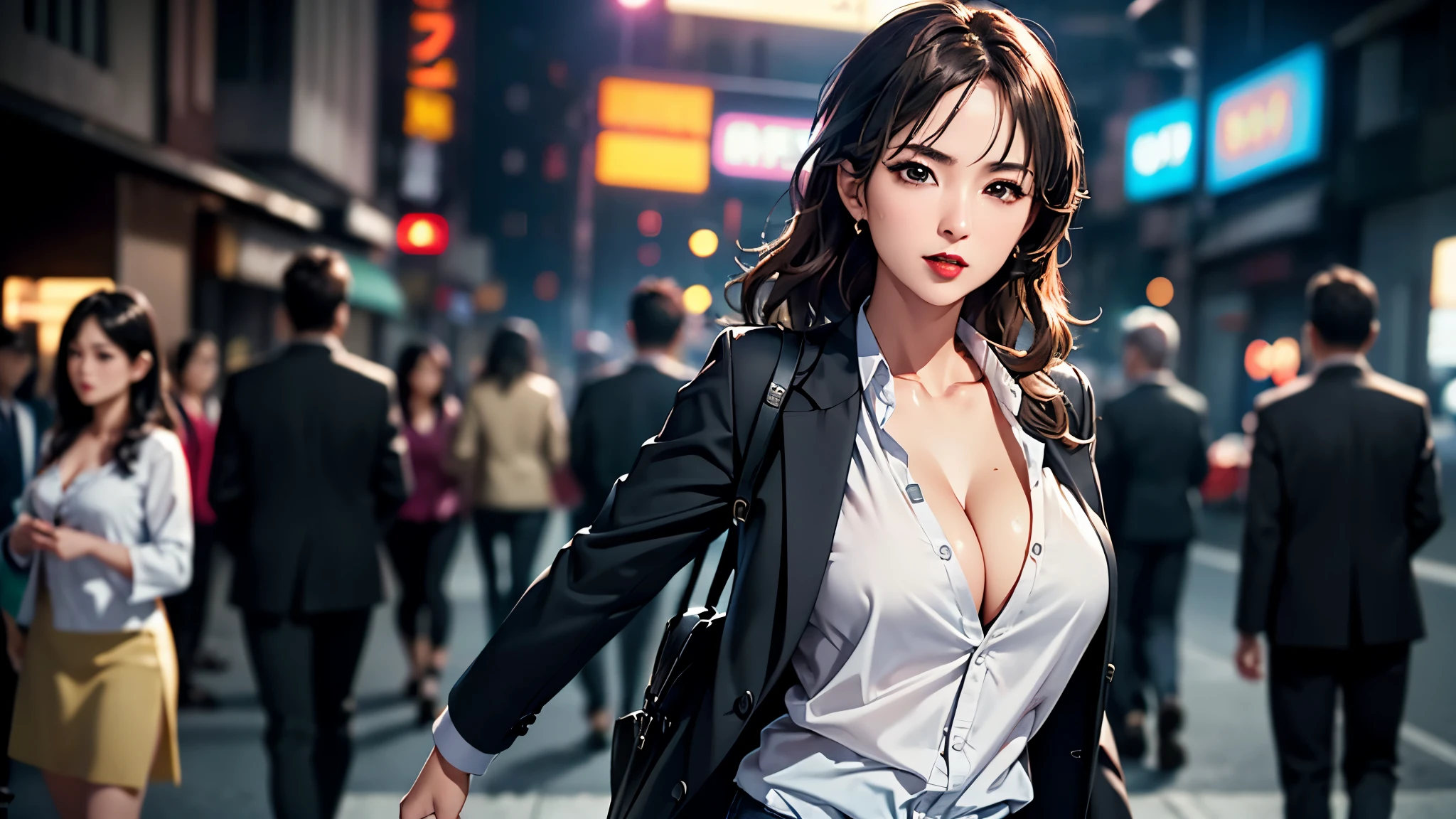 (((Practical photography))),, portrait, (naughty face:1.3),, beautiful girl, Looking at the audience, , (Uniforms:1.2), Button up your shirt and pants, , (Full cleavage:1),, in japanese street, (environment details:1.3),, (original photo, CG Unity, photography, ultra Practical details, Clear focus, Delicate skin,4K, High resolution, masterpiece, best quality, Practical, Energetic:1.2),, (8k,4K, Ultra HD, high resolution, professional, Movie, Movie, dramatic),, (Anamorphic depth of field blurred background), Detailed background,