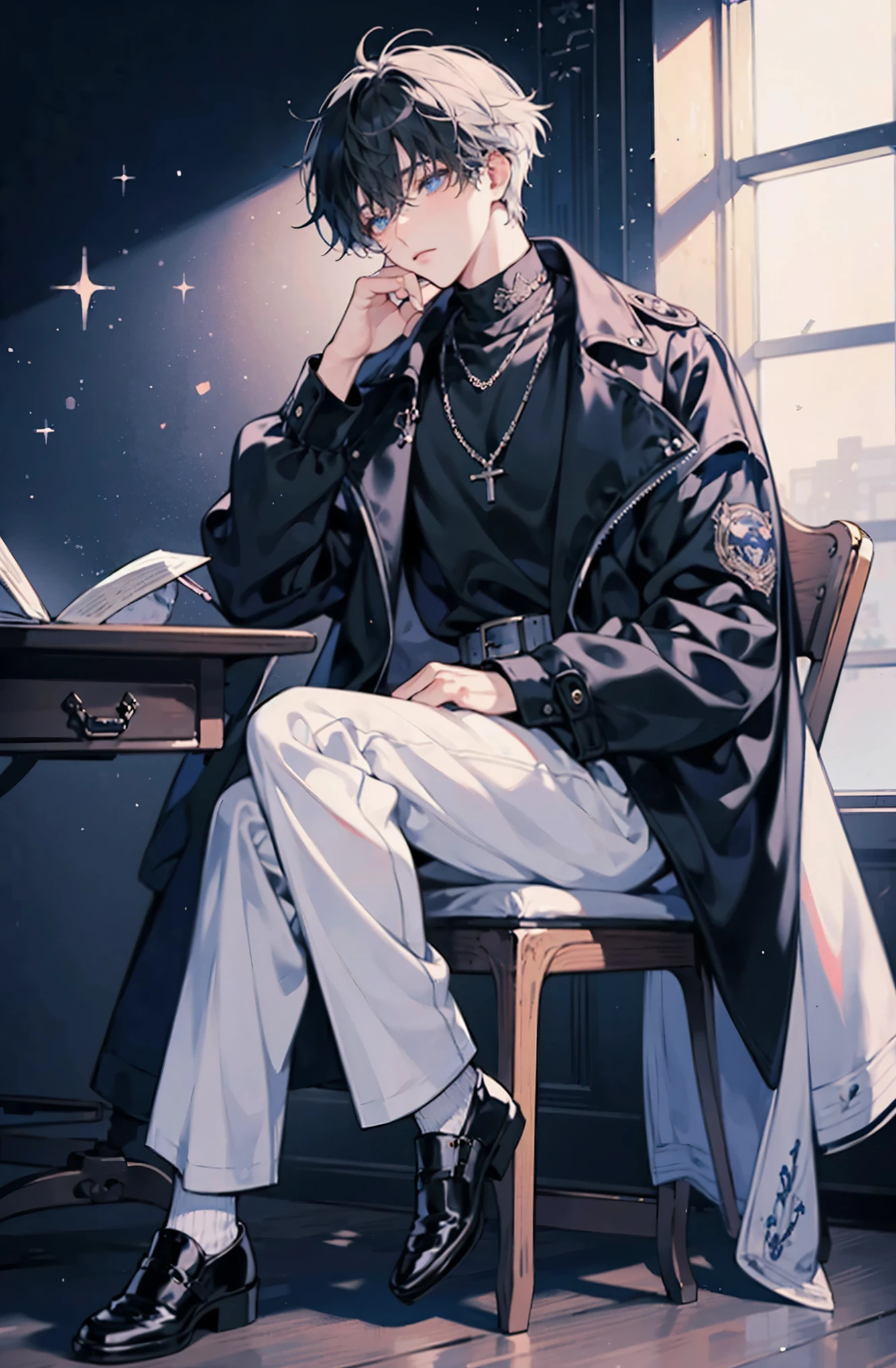 highest quality: 1.0), (Ultra-high resolution: 1.0), Anime Shōnen, Short black hair, blue eyes, White coat, Black trousers, Sleeping in a chair, Classroom Background