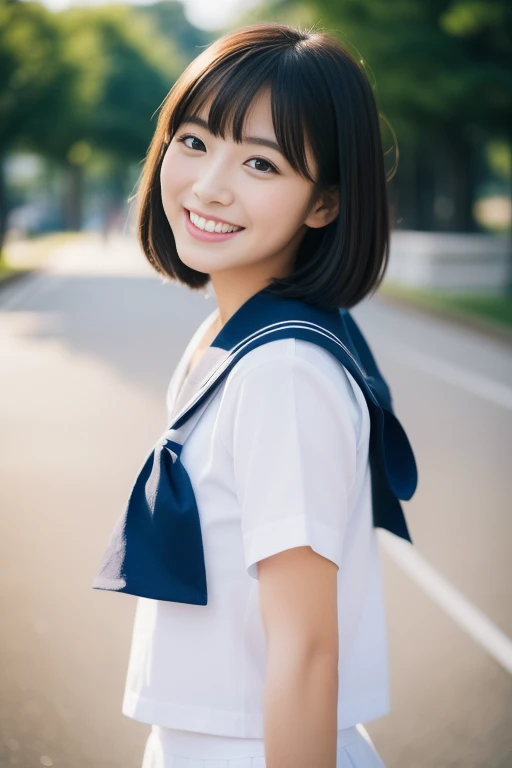 (masterpiece、16k image、high resolution、highest quality)、solo、One Girl、(Japanese Girls' High School Sailor Uniform,perfection)、(perfectionな解剖学,Beautiful body、Healthy Body、Beautiful Skin)、sunny day、Black-haired、Short-haired、black eye、On the way home、Huge boobs:1.5、School zone、Artistic.、Beautiful woman、Beauty Body、smile、