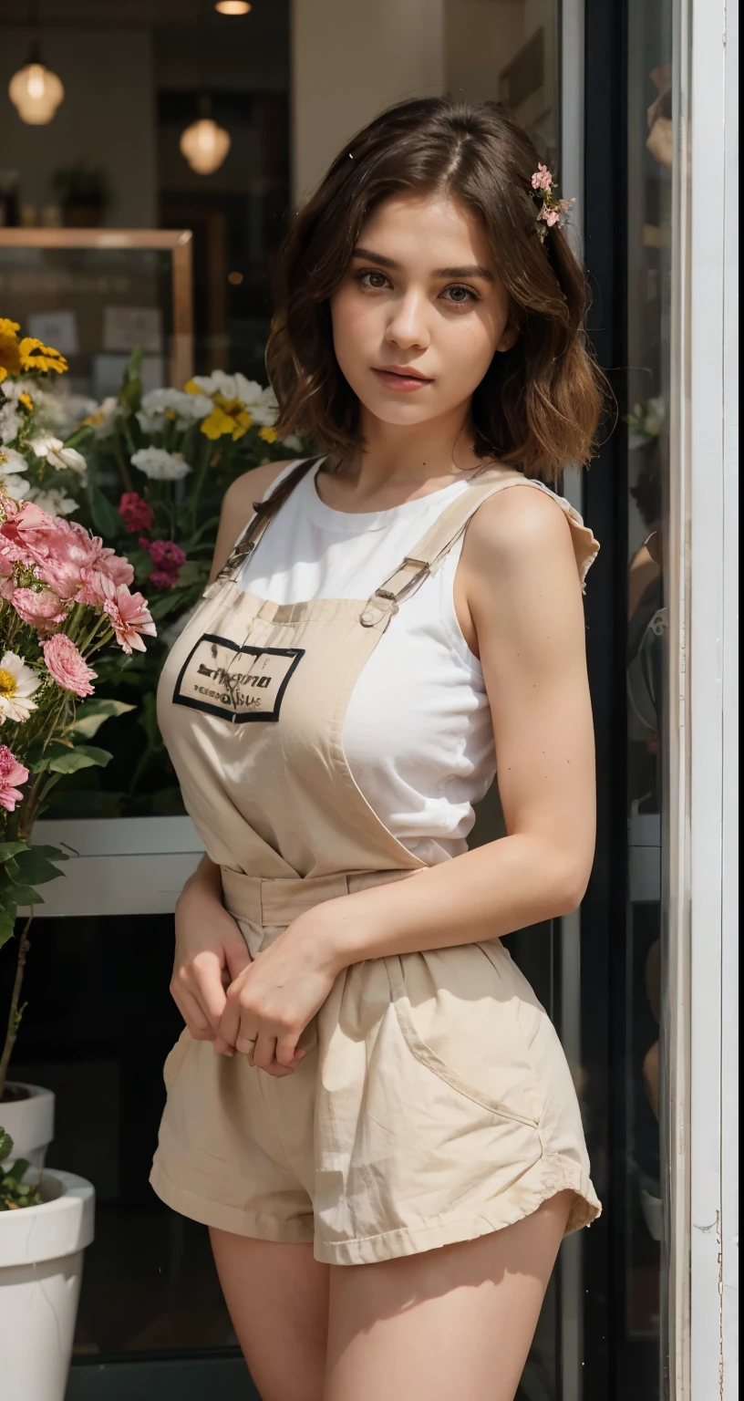 full-body portrait photograph of a young woman with "Wavy shoulder-length short hair." wearing shirt with pinafore, hotpant, oversized_breasts.", she is strongest woman on Earth, beautiful_breasts. sensual body, standing, cute styl chlotes, in a unique, photoshot model, standing in front of a flower shop window building, neutral colors, Pastel tone, soft light, photo, portrait photography, cinematic