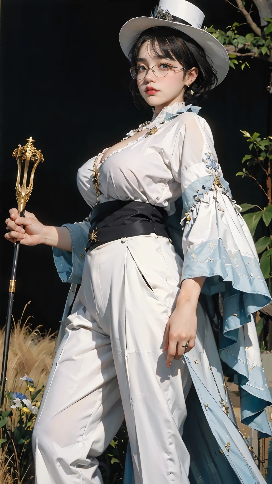 ((best quality)),Girl with glasses,holding a scepter,From below,Top Hat,large breast,The background is grassland,fat girl,fat face,White,White的,White厚底鞋,short hair,((masterpiece)),((1 girl)), Lots of details,((jewelry)),trousers, (Nikolai Fehin),(Fitchin cloth, Facin, )