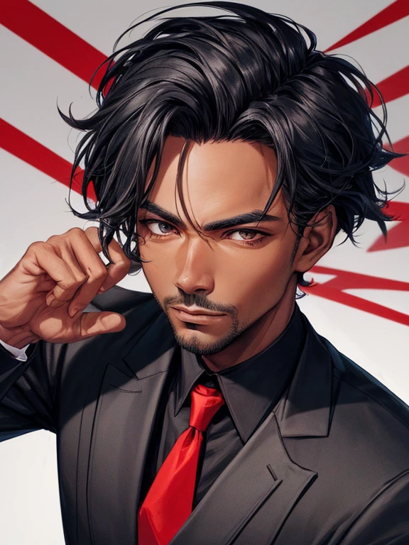 create a drawing of a close-up of a man wearing a black suit with a red tie, black man, 4k, comic babes