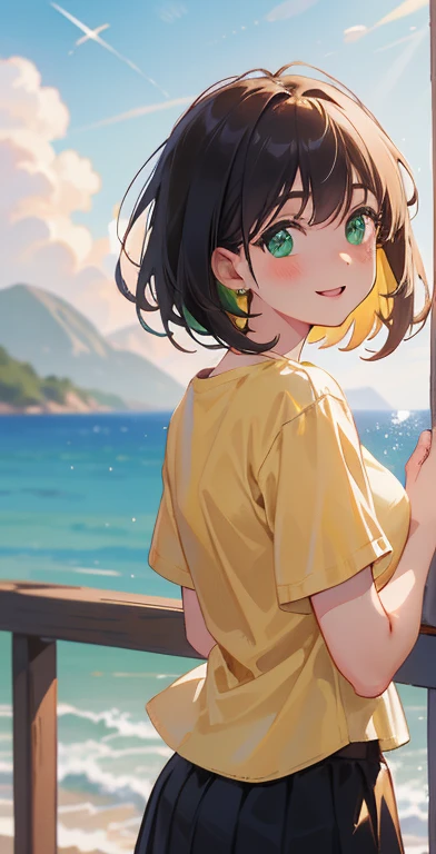 (masterpiece), (highest quality), Ultra-high resolution, Sharp focus, ((1 female, alone)), Upper Body, Photo profile shots, Beautiful detailed hair, Chestnut Hair, Fluffy short bob hair, yellow blouse shirt, Black mini skirt, Beautifully detailed face, ((Beautifully shaped eyes, Green Eyes)), Perfect feminine face, Comfortable face, View Viewer, smile, Open your lips, sea in the morning clouds, meteor, Comfortable clothing for cloudy days