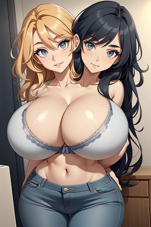 2 heads, a short thin woman with 2 heads. Extremely huge breasts. In a bedroom. Wearing a tiny bra. Wearing jeans. Young. Happy. Thin face. Seductive eyes. Long messy hair. Sexy. Smiling. Gigantic breasts. Nerdy. Deep cleavage. Hard nipples under shirt. Gigantic round breasts. Enormous fake round breasts. Giant circular breasts. Selfie POV, taking a selfie.