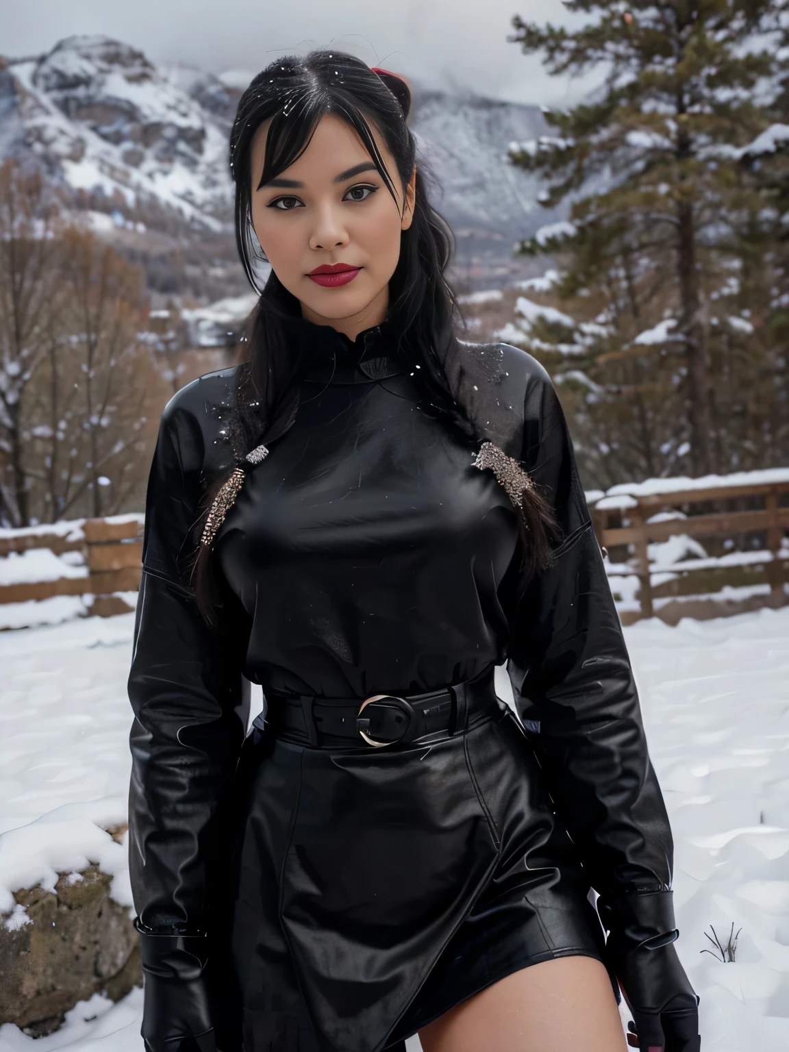 proFessional portrait photograph oF a gorgeous smiling Bettie page girl in winter clothing ,ponytail Black hair, red lipstick,black long maxi-skirt(black long maxi-skirt:1.2),sultry Flirty look, gorgeous symmetrical Face, joli maquillage naturel, wearing elegant warm winter Fashion clothing,flirting with the camera, ((black leather gloves)), (( hands between her legs )) (posing for a picture on the edge of a mountain completly covered in snow )), ultra realistic, art conceptuel, elegant, Very detailed, complexe, sharp Focus, depth oF Field, F/1. 8, 85mm, (((proFessionally color graded))), bright soFt diFFused light, (volumetric Fog), tendance sur Instagram, hdr 4k, 8K