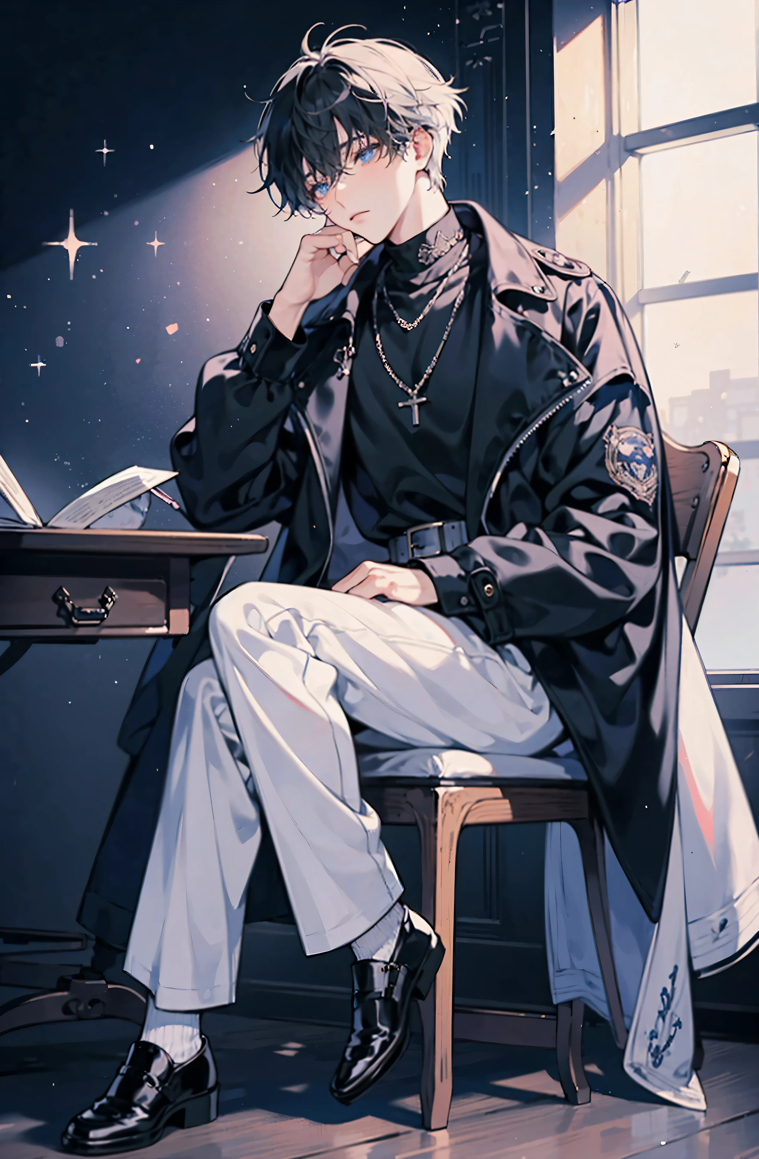 highest quality: 1.0), (Ultra-high resolution: 1.0), Anime Shōnen, Short black hair, blue eyes, White coat, Black trousers, Sleeping in a chair, Classroom Background