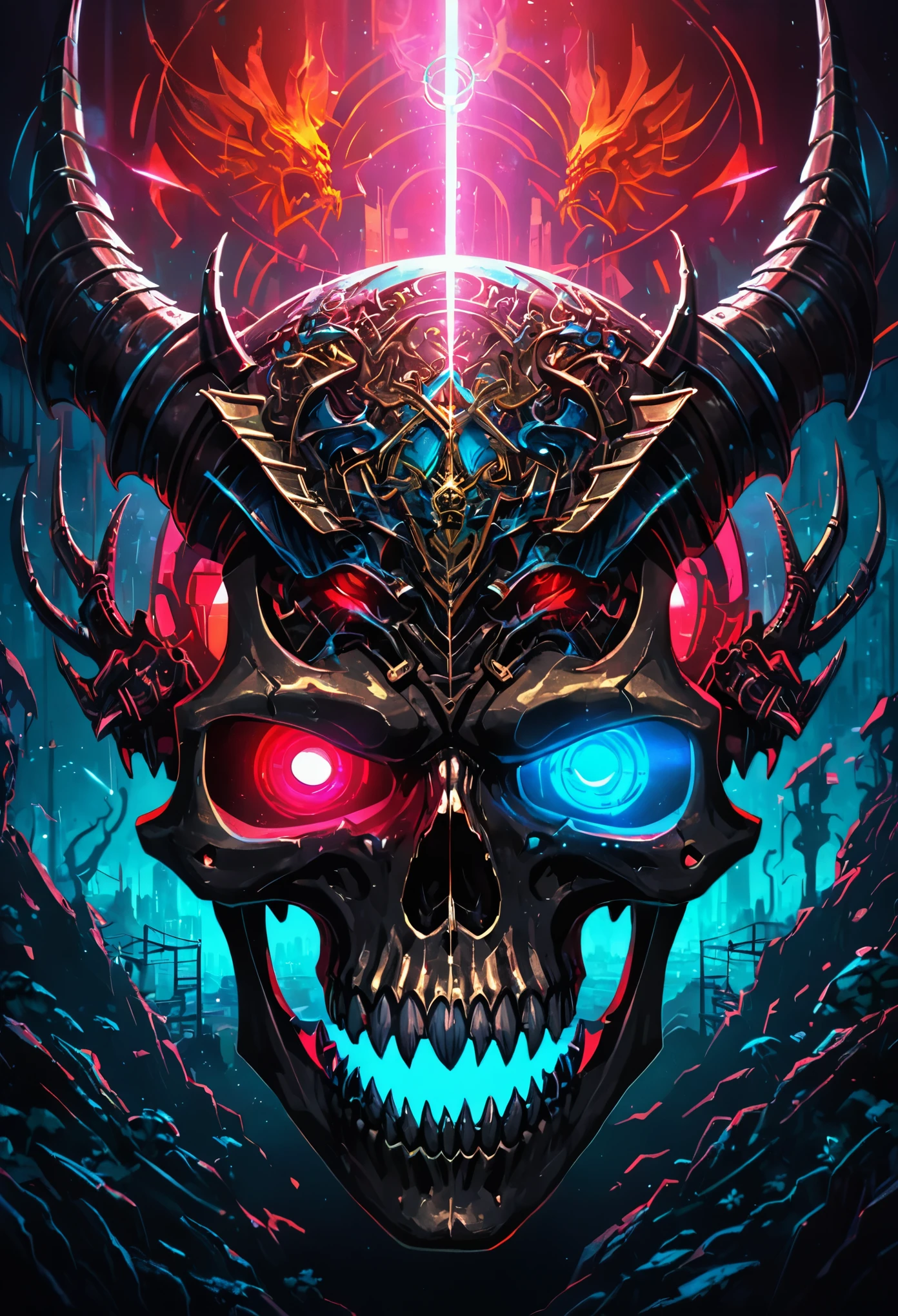Surrealism, drop shadow, anaglyph, stereogram, tachi-e, pov, atmospheric perspective, 8k, super detail, ccurate, best quality,With glow horns、Close-up of a skull with a red head, Dragon Portrait, by Rostland, Benedict Barna, Morel,(((Multi-metal ring ornaments))),Miracle,Dark atmosphere,Black Forest,((neon glow light)),((Blue arc)),dragon features,Dragon skull,Jewelry accessories,diffraction spikes,Vivid colors、Bokeh、portrait、landscape、fear、cartoon、Sci-fi fi,photography,Concept Artist,Steel Claws,Steel Fangs,word graffiti,Blue Arc Link,Metal chain,