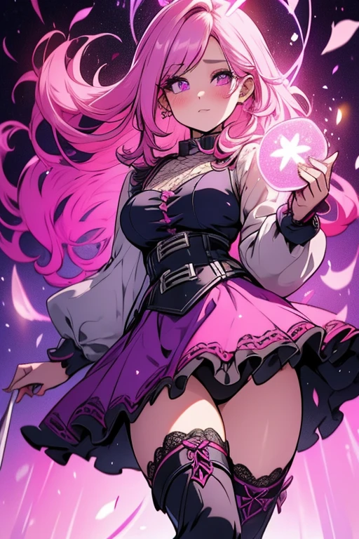 A pink haired woman with violet eyes and an hourglass figure in a  sexy purple lacy dress with fishnet tights with cool boots is smiling on stage


