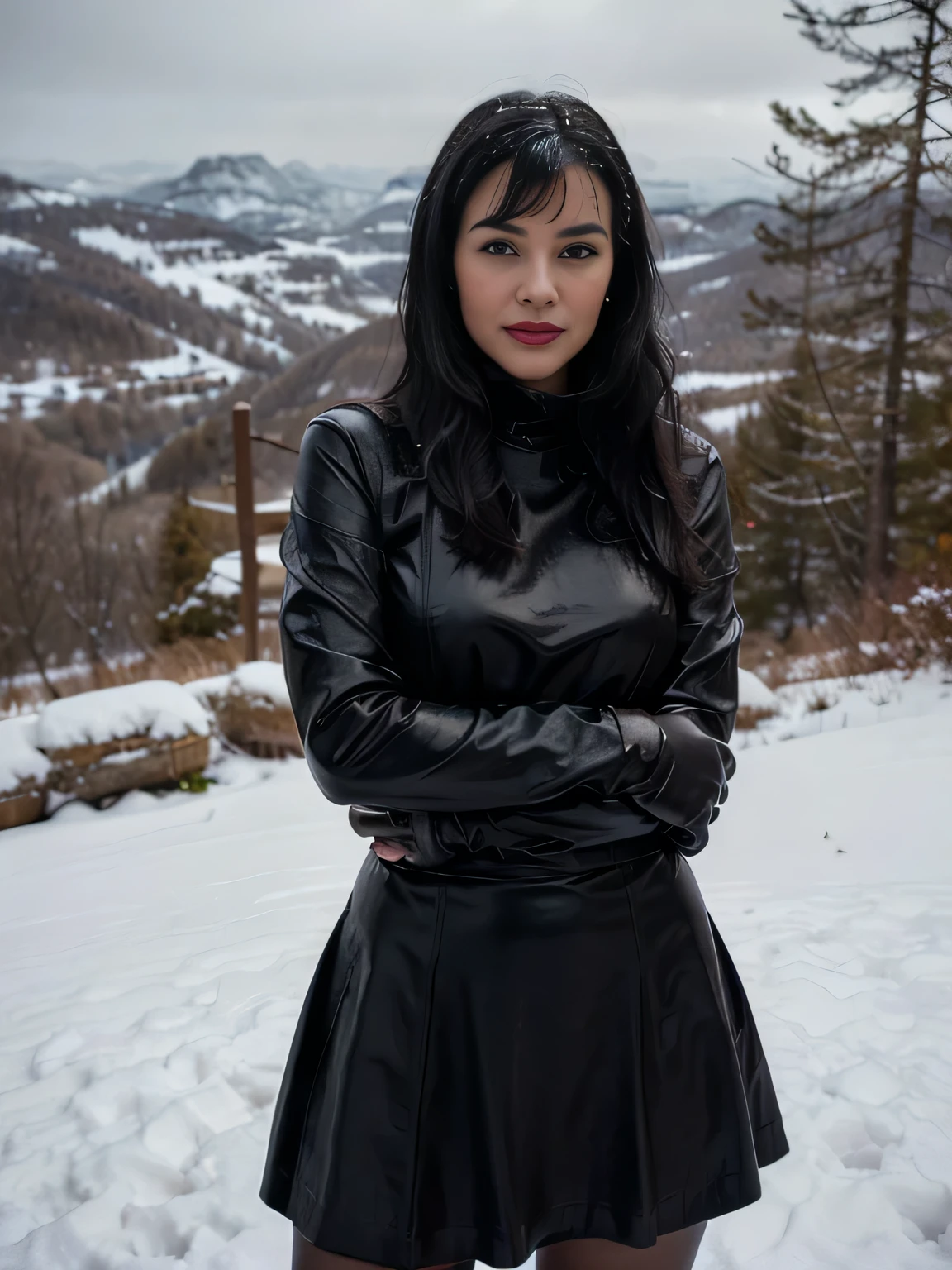 proFessional portrait photograph oF a gorgeous smiling soaked Bettie page girl in soaked winter clothing ,ponytail Black hair, red lipstick,black long maxi-skirt(black long maxi-skirt:1.2),sultry Flirty look, gorgeous symmetrical Face, joli maquillage naturel, wearing elegant warm winter Fashion clothing,flirting with the camera, ((black leather gloves)), (( hands between her legs )) (posing for a picture on the edge of a mountain completly covered in snow )), ultra realistic, art conceptuel, elegant, Very detailed, complexe, sharp Focus, depth oF Field, F/1. 8, 85mm, (((proFessionally color graded))), bright soFt diFFused light, (volumetric Fog), tendance sur Instagram, hdr 4k, 8K