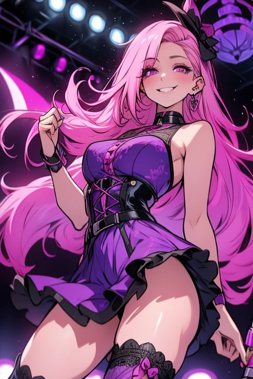 A pink haired woman with violet eyes and an hourglass figure in a purple lacy dress with fishnet tights with cool boots is smiling on stage