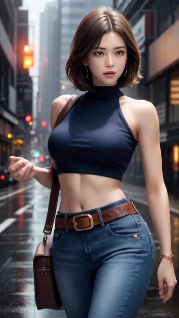 Mary M.S., highest quality,(beauty), 1 girl,Physically Based Rendering ,Ultra-high resolution,(Cowboy Shot:1.5),Tight waist, skinny, To Leon , Big Blue Eyes,Long legs,jeans,Leather Belt,Big Breasts,Puffy eyes, Leather Belt,(Rainy Town), Shiny skin, In-person audience, I&#39;m excited to fight