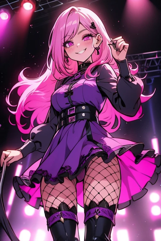 A pink haired woman with violet eyes and an hourglass figure in a purple lacy dress with fishnet tights with cool boots is smiling on stage


