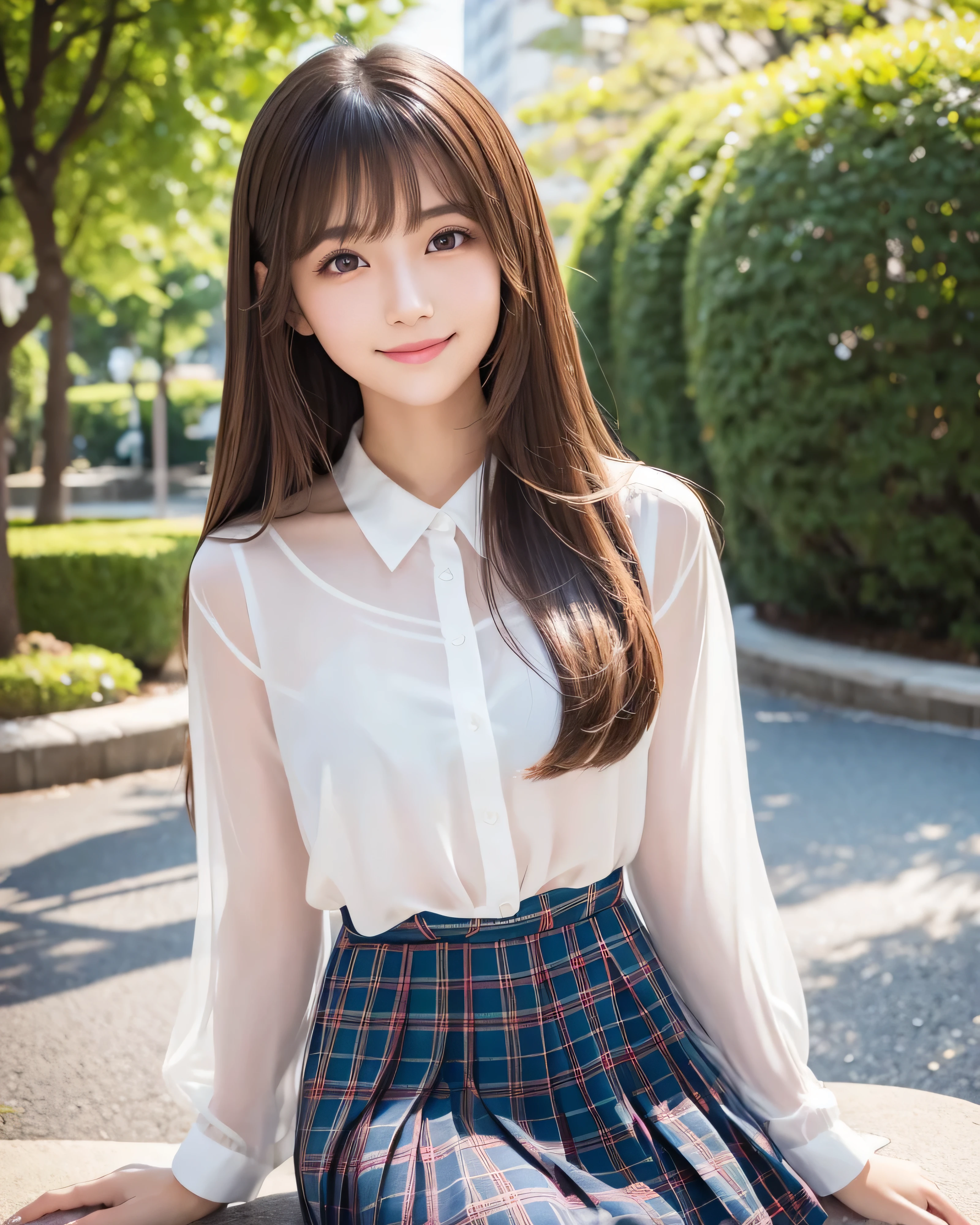 (highest quality, 32k, High resolution, masterpiece:1.5, ), Transparent air, The brilliance of youth, An award-winning masterpiece with incredible detail, Beautiful Japanese Girls, An exceptionally beautiful face, Shiny brown hair, ((Beautifully groomed long hair)), Asymmetrical bangs, Hair between the eyes, Beautifully trimmed, thin eyebrows, Magical big eyes, Moist black eyes, Clear double eyelids, smooth and transparent skin, Pale pink lips, Natural Makeup, Rich expression of emotions, Overflowing Motherhood, Put your love into it, (A gentle smile:1.4), Lightweight silk blouse, blue plaid pleated skirt, sit, Absolute area, High resolutionの美しい太もも, (whole body:1.3), Wakaba Park, The dazzling summer sunshine, detailed blue sky, Professional Lighting, Professional Photographer, Professional models